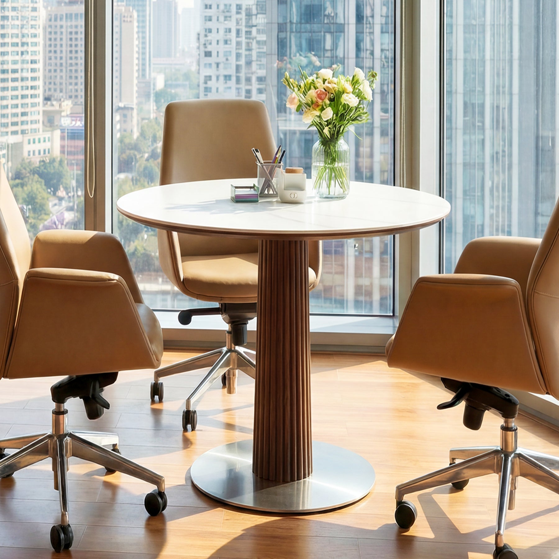31.5" Conference Table for 2-4, Round Meeting Room Table with Sintered Stone Tabletop