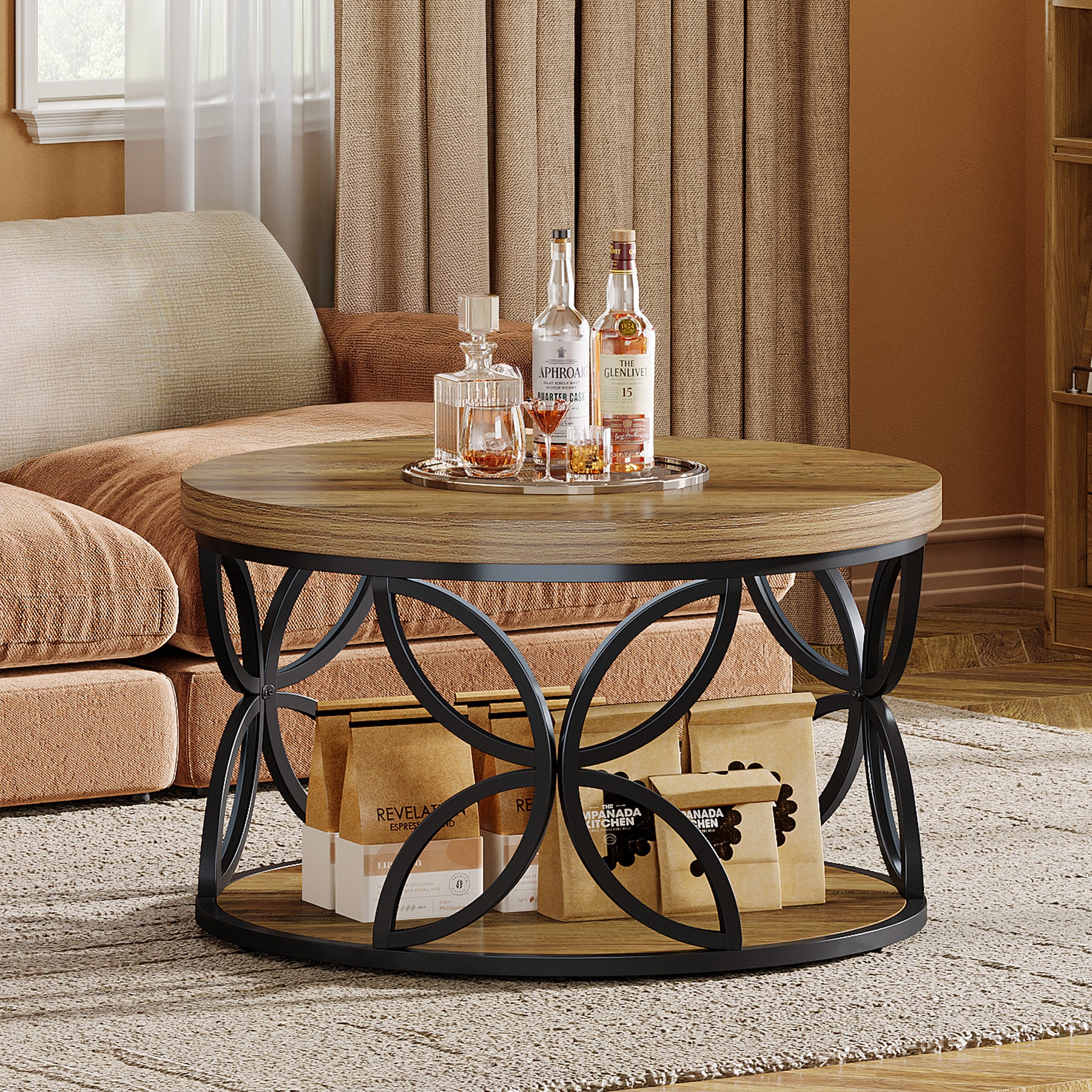 2-Tier Round Coffee Table, 31.5" Industrial Accent Tea Table with Metal Frame