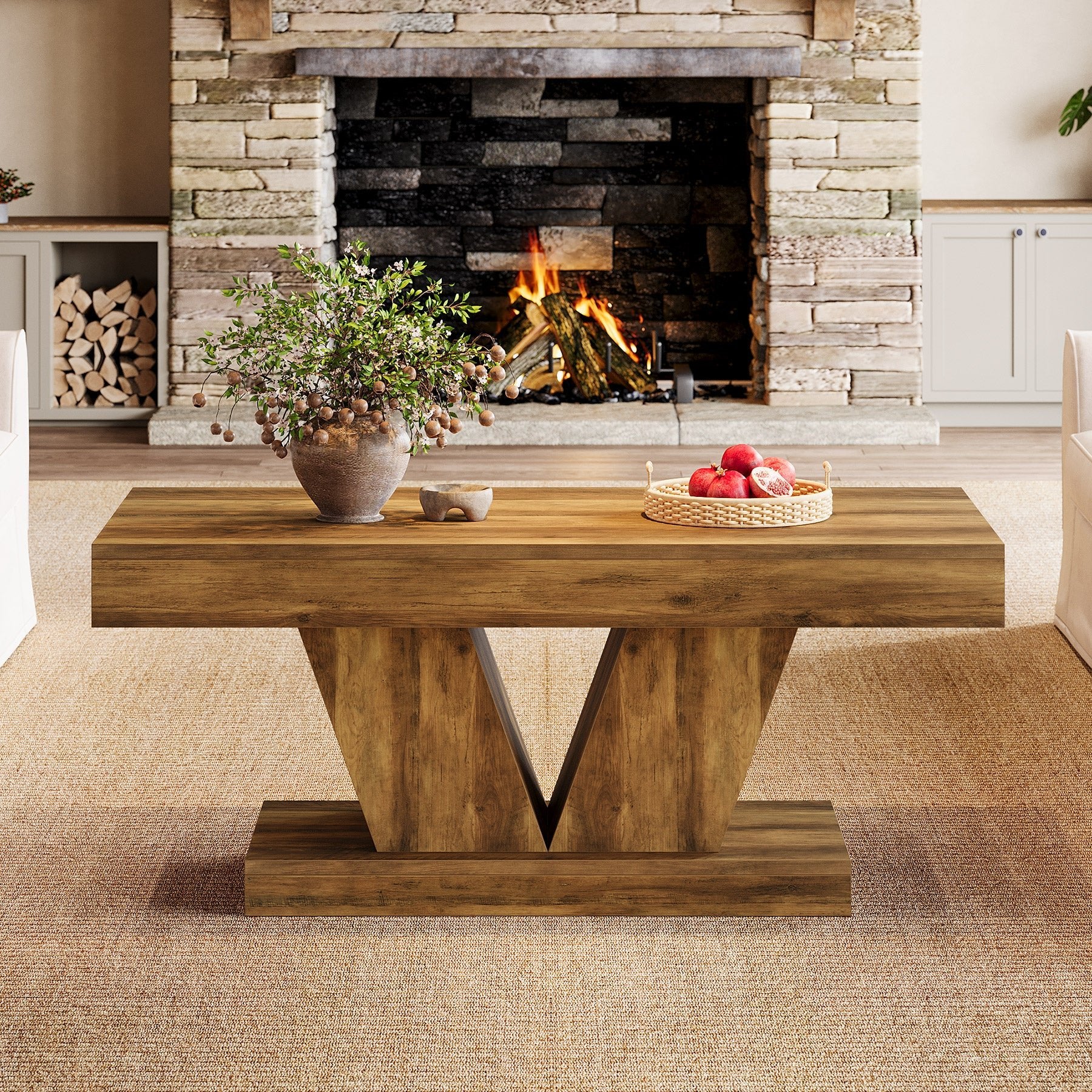 47.2" Farmhouse Rectangular Coffee Table, Mid-Century Wooden Center Table with Sculptural Base