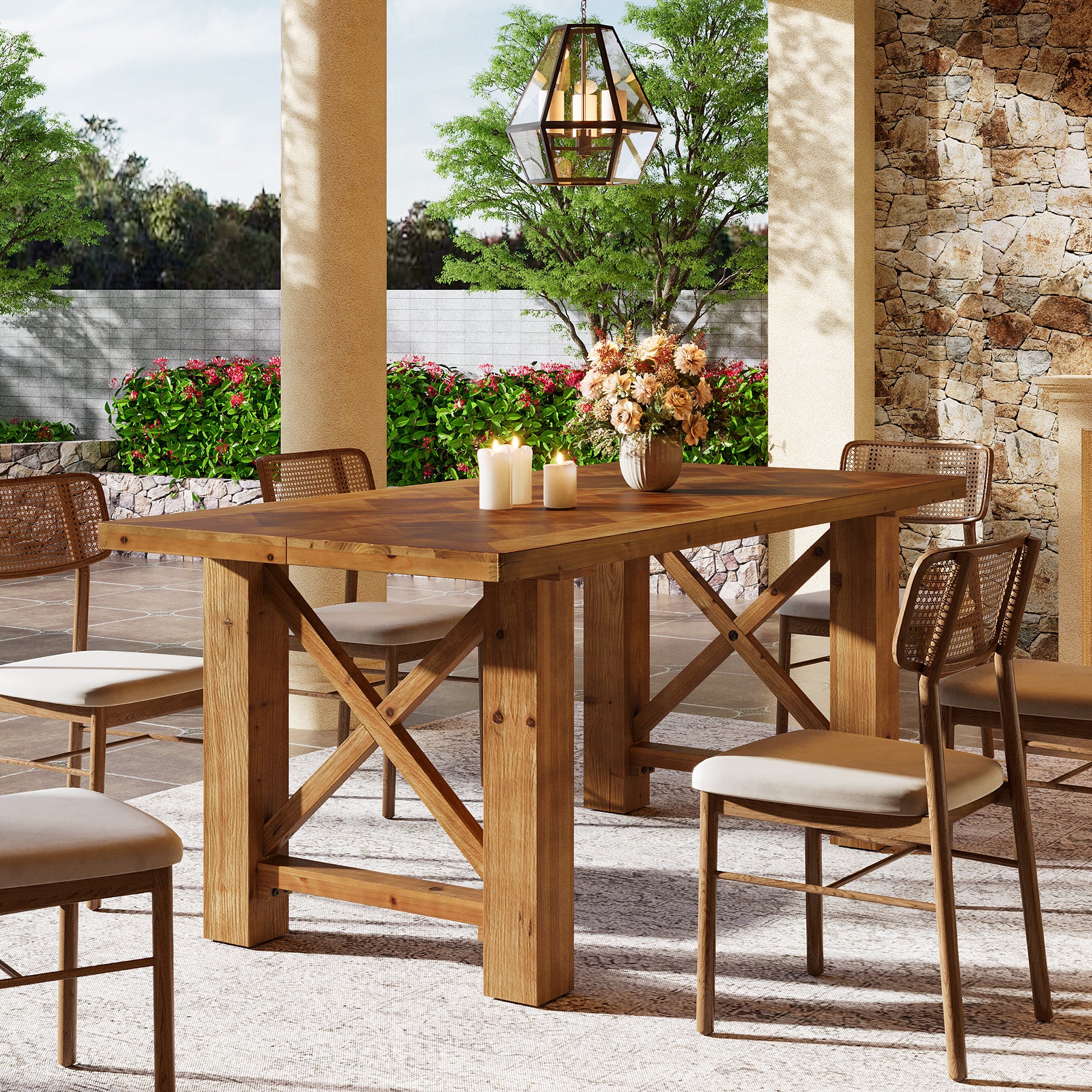 63" Solid Wood Dining Table for 4-6, Rectangle Kitchen Table with X-Shaped Frame