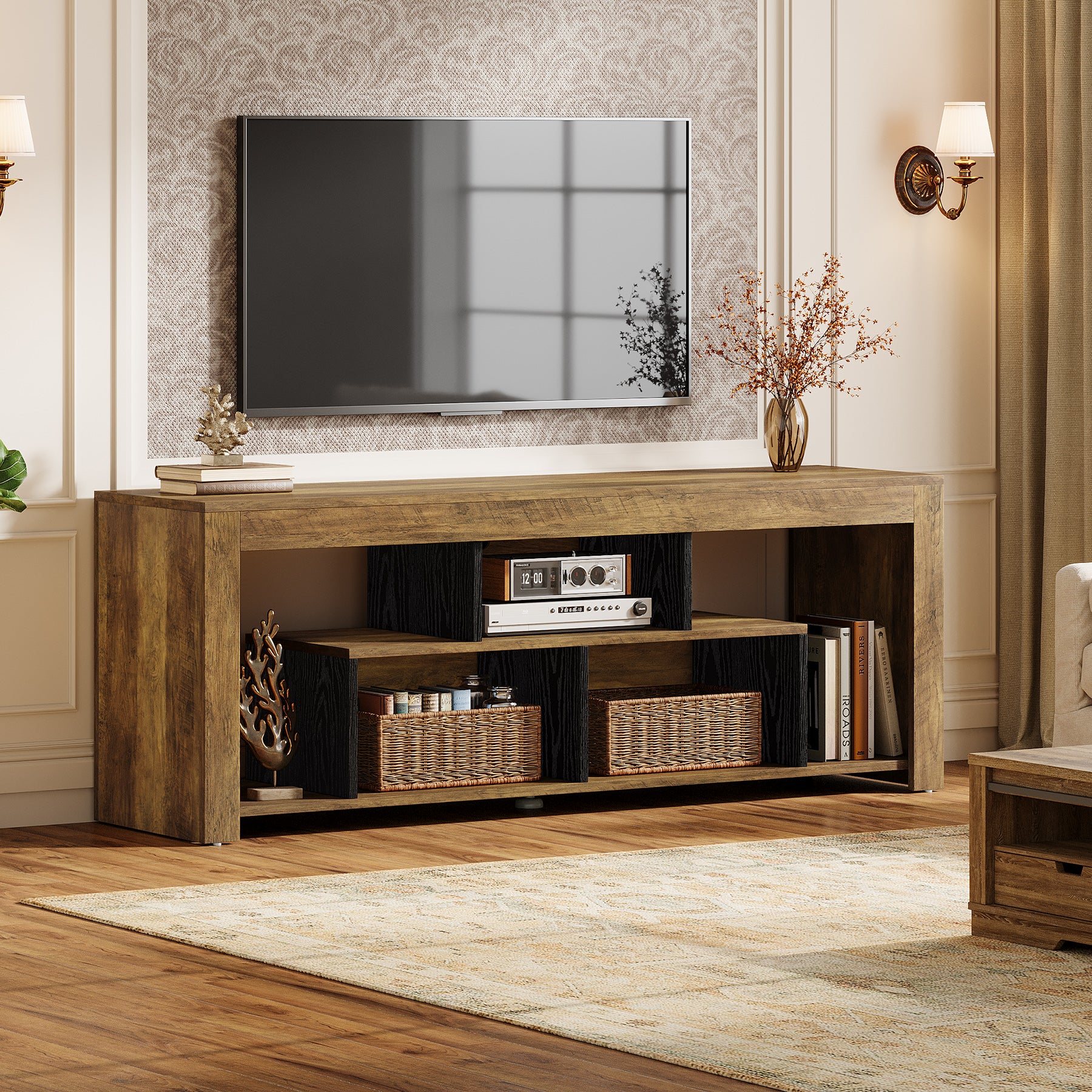63-Inch TV Stand for 65–75 Inch TV, Rustic Wooden Media Console with Storage Shelves
