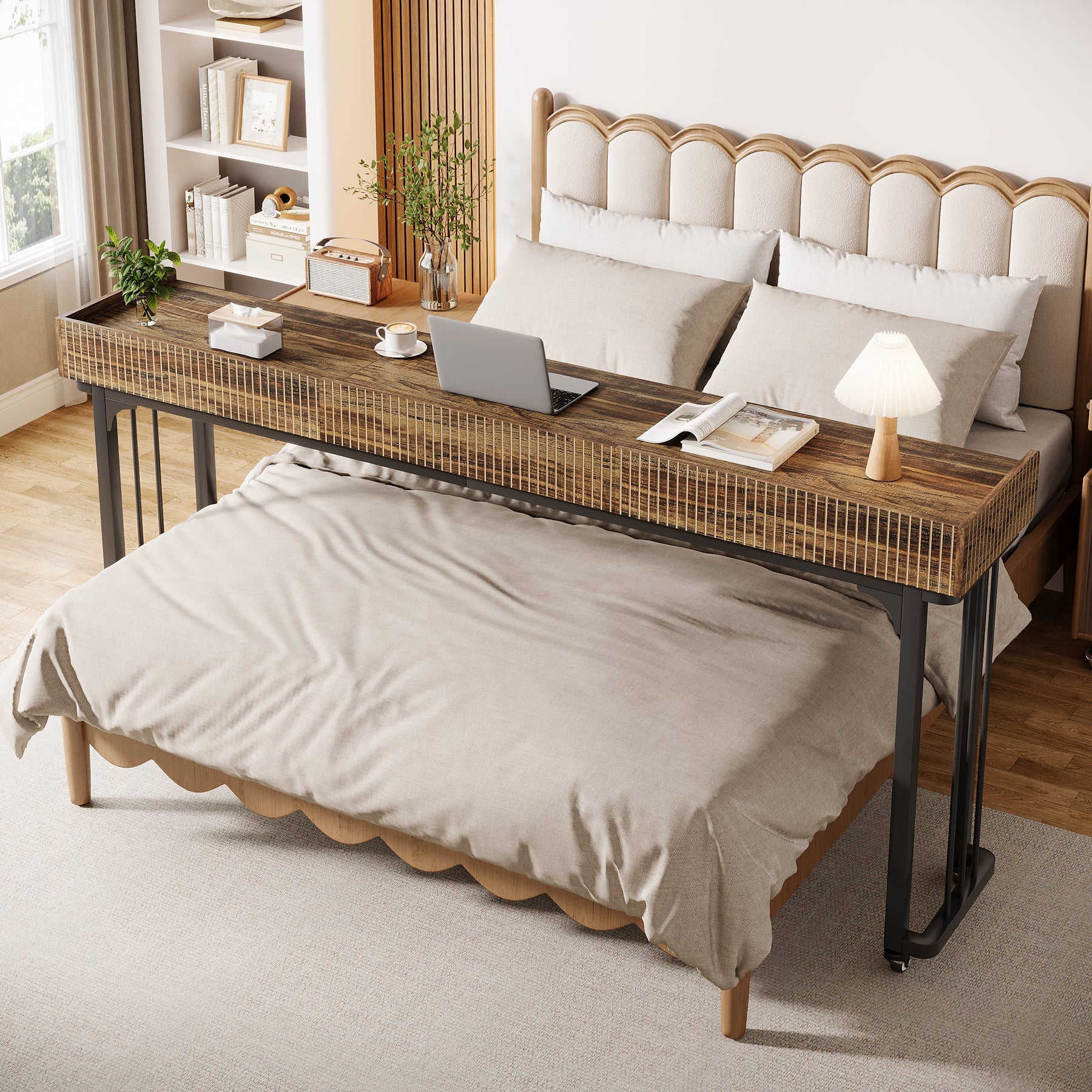 78" Overbed Table, Mobile Sofa Table Computer Desk with Mirror and Wheels Tribesigns