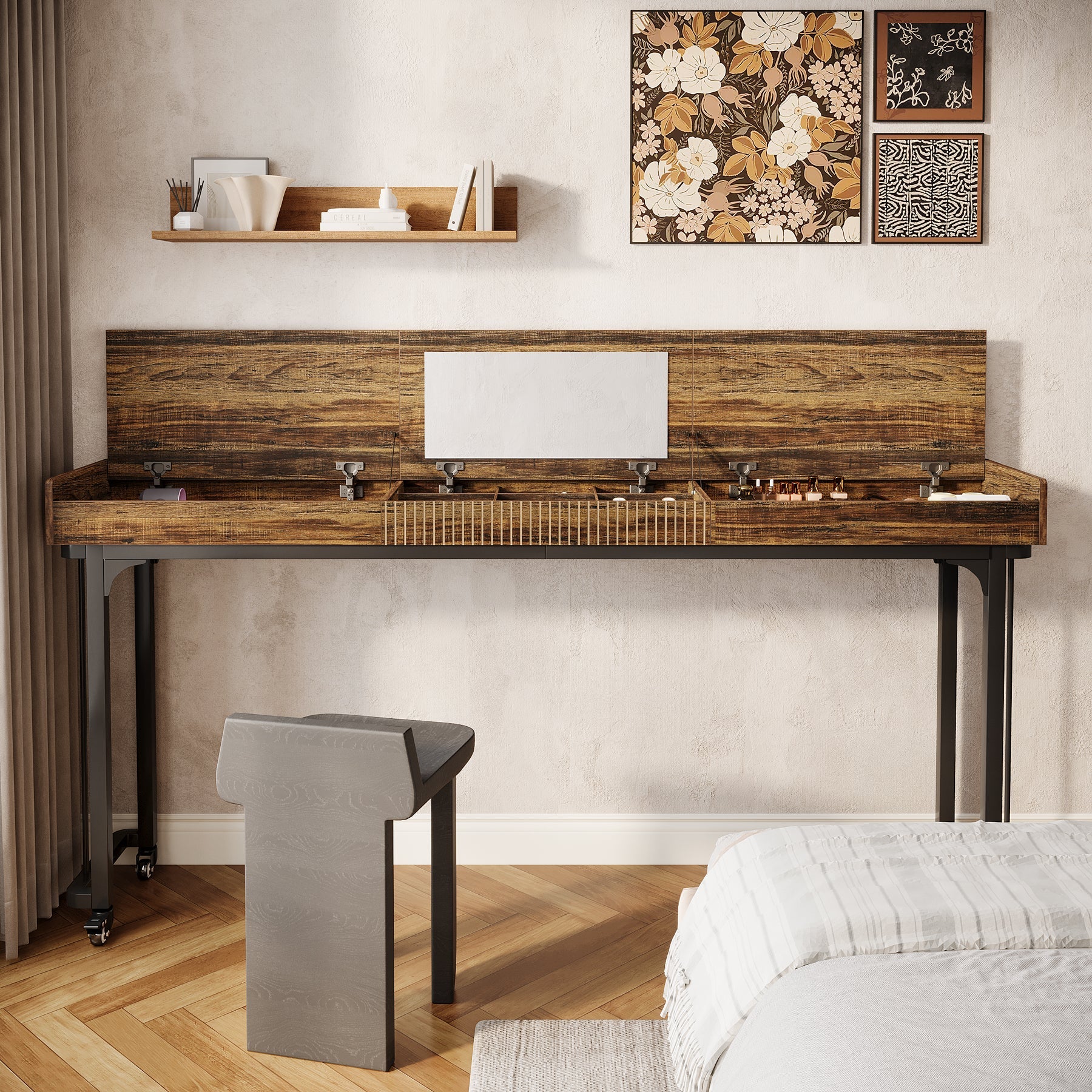 78" Overbed Table, Mobile Sofa Table Computer Desk with Mirror and Wheels Tribesigns