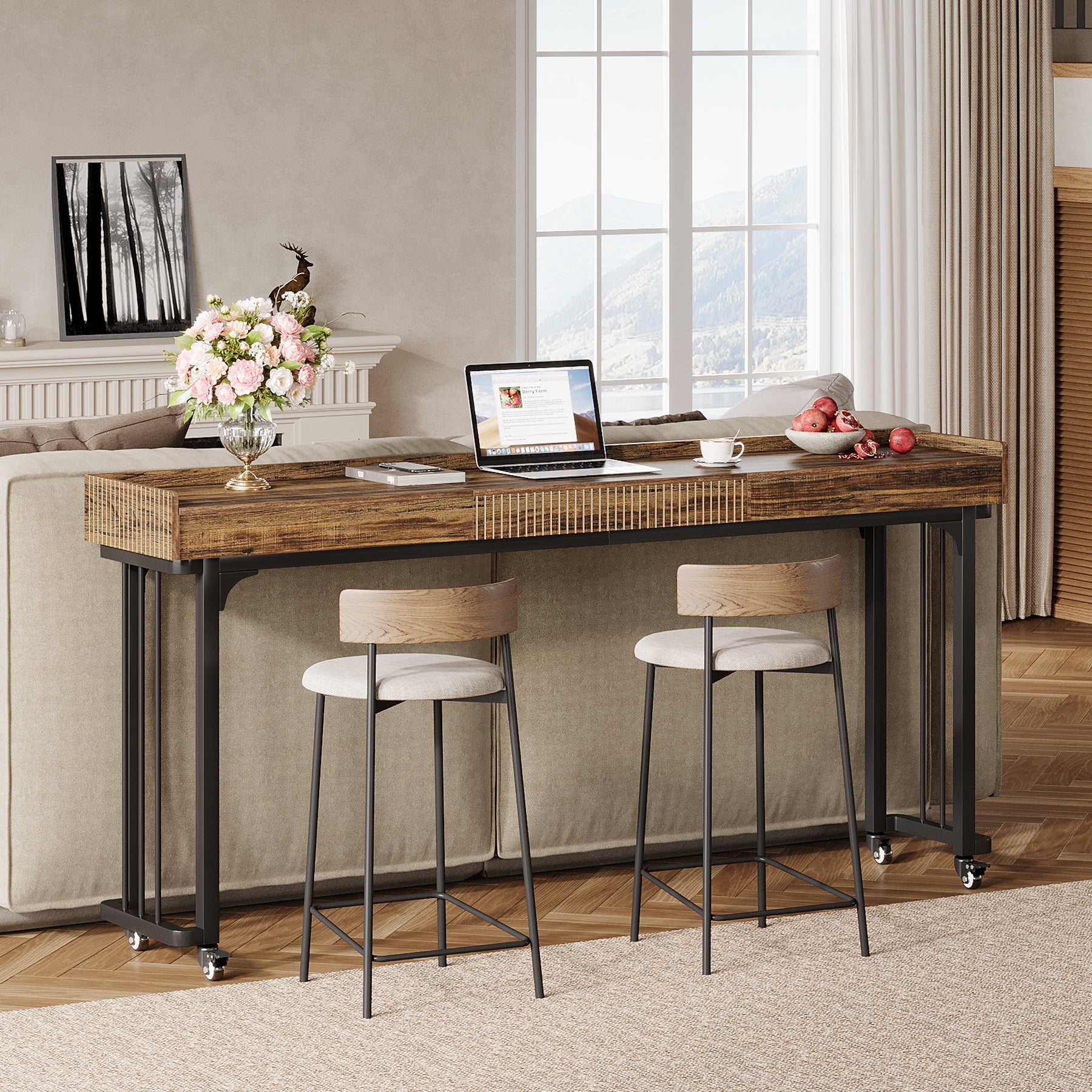 78" Overbed Table, Mobile Sofa Table Computer Desk with Mirror and Wheels Tribesigns