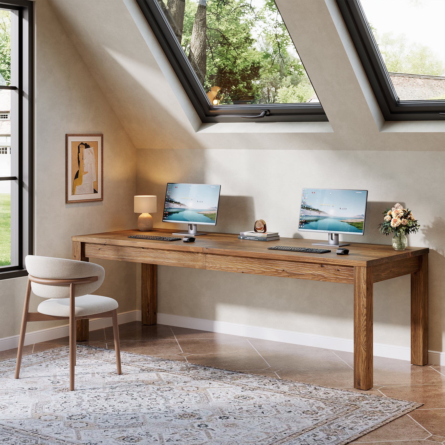 78.7" 2-Person Desk, Solid Wood Double Computer Table Workstation