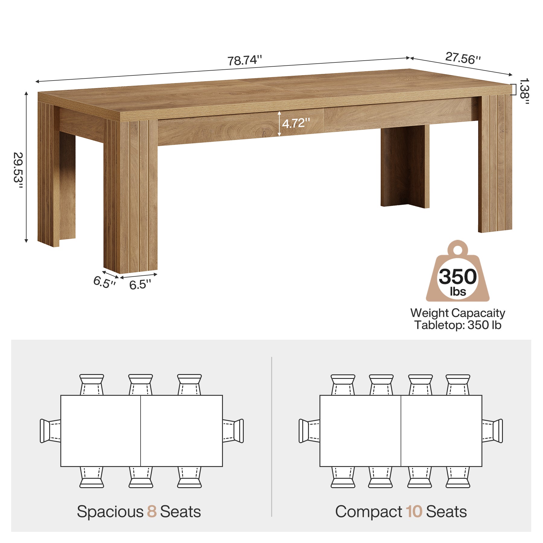 78.7" Dining Table, Rectangle Kitchen Dinner Table For 6