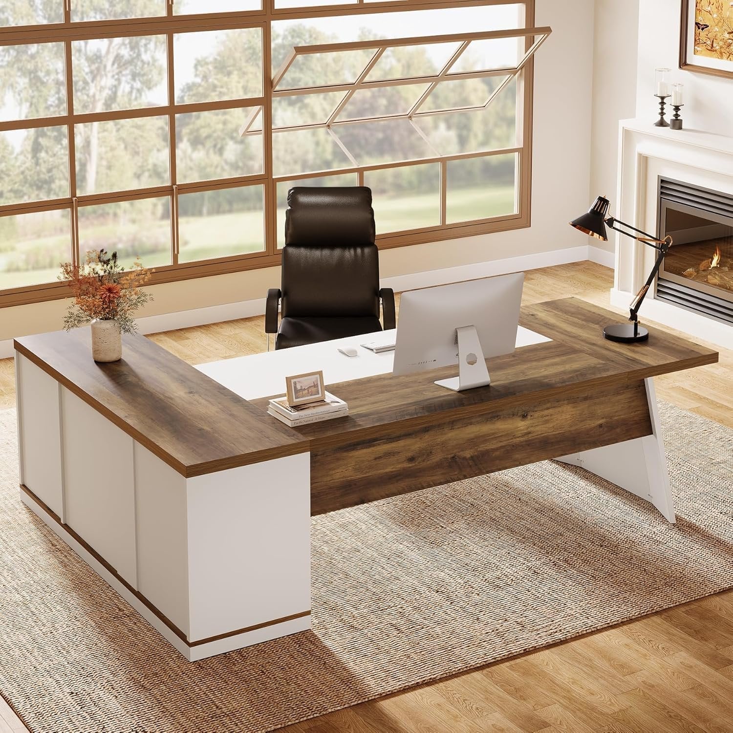 78.7" Executive Desk, Modern L-Shaped Office Desk with 55.1" Storage Cabinet