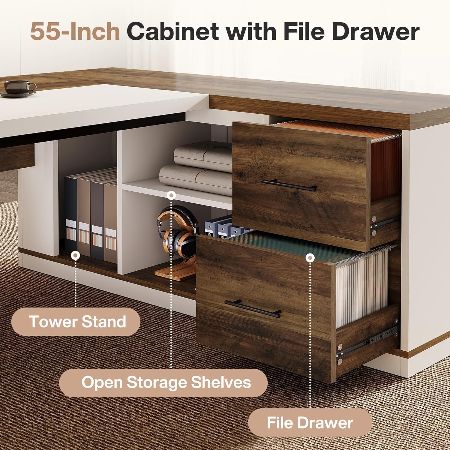 78.7" Executive Desk, Modern L-Shaped Office Desk with 55.1" Storage Cabinet