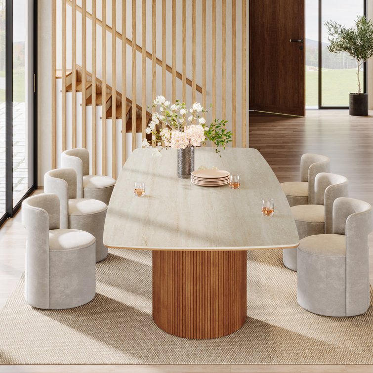 8-Seat Modern Stone Kitchen Table with Solid Wood Base