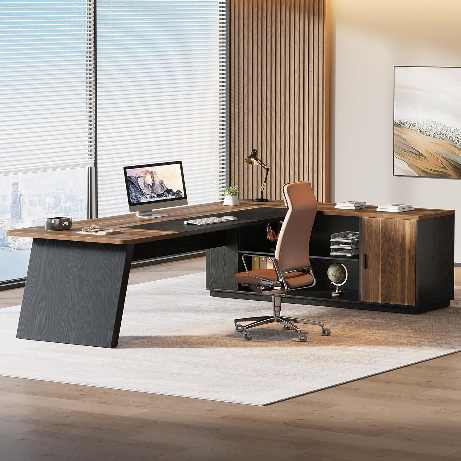 79" Executive Desk, L-Shaped Office Compter Desk with Cabinet for Home Office