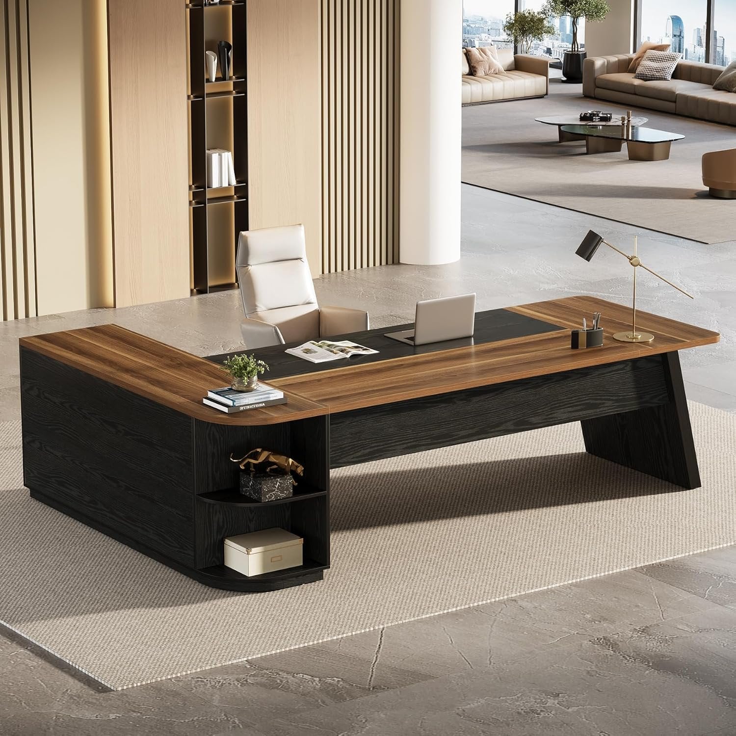 79" Executive Desk, L-Shaped Office Compter Desk with Cabinet for Home Office