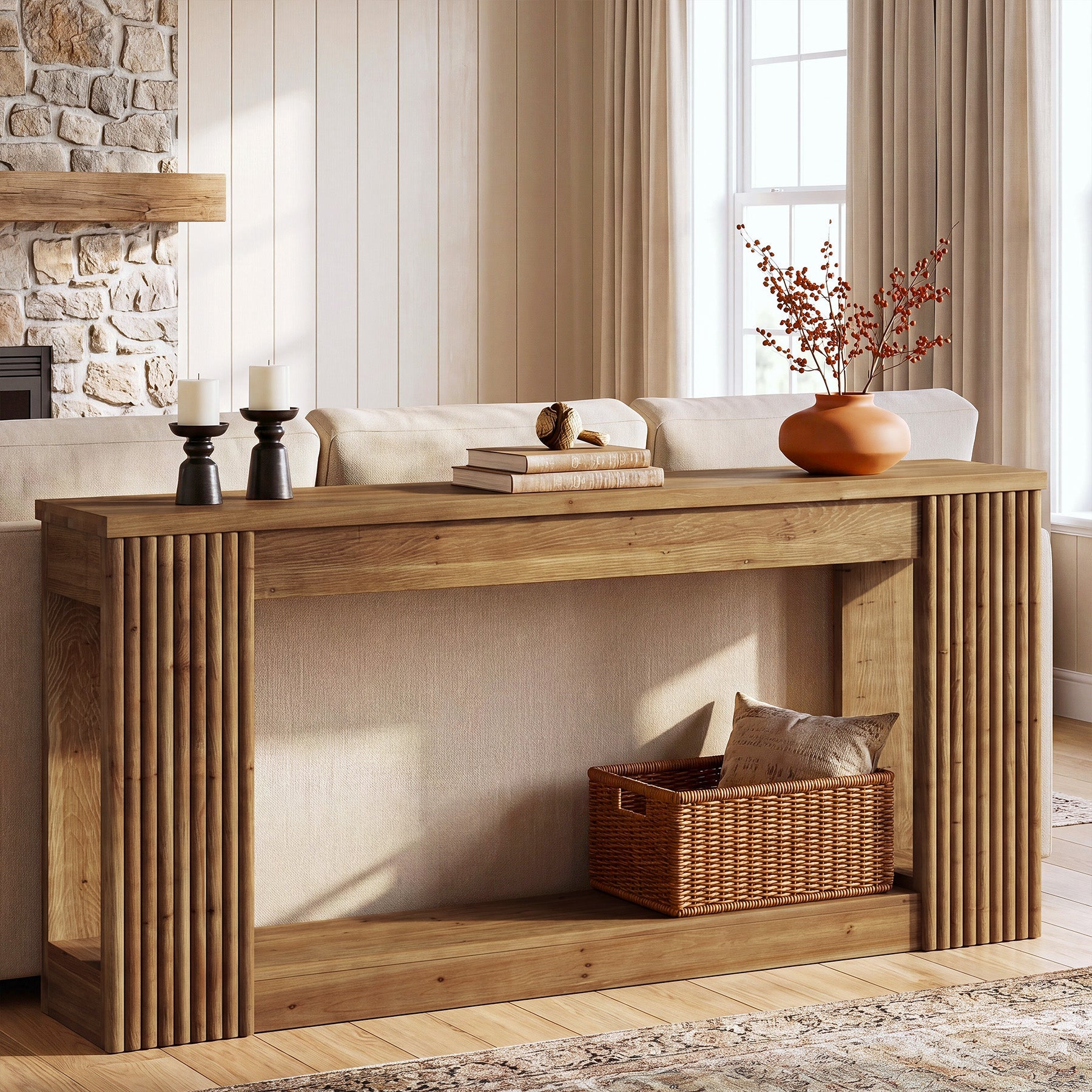 79" Long Console Table, Farmhouse Entryway Table with 2 Drawers and Side Storage Shelves