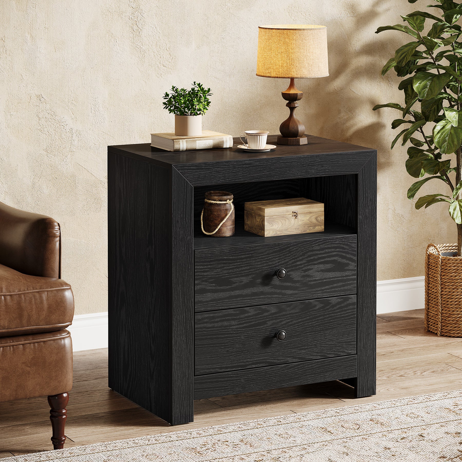 23.6" Nightstand, Rustic Bedside Table with 2 Storage Drawers