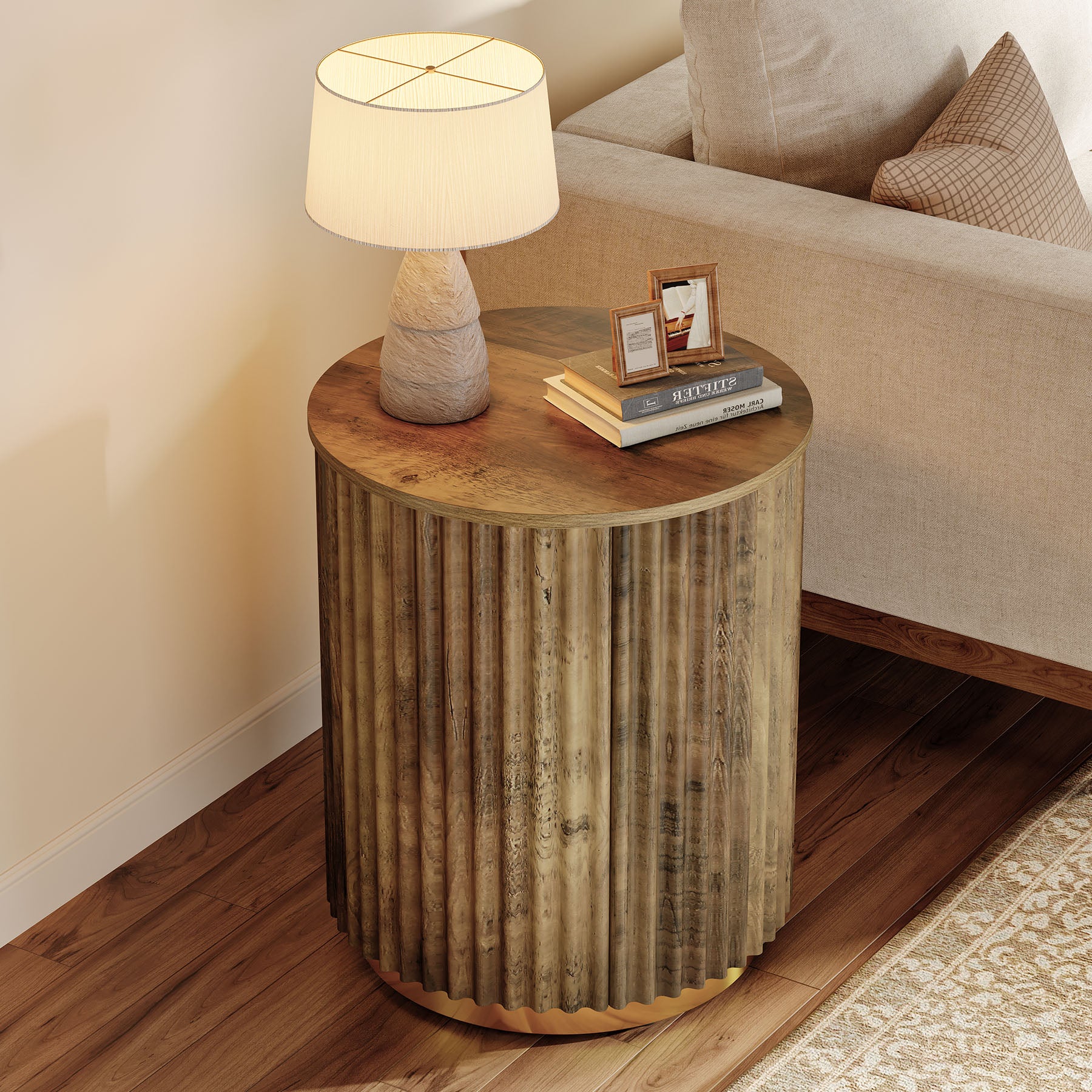 Fluted Round End Table, Small Side Table Nightstand for Living Room, Bedroom