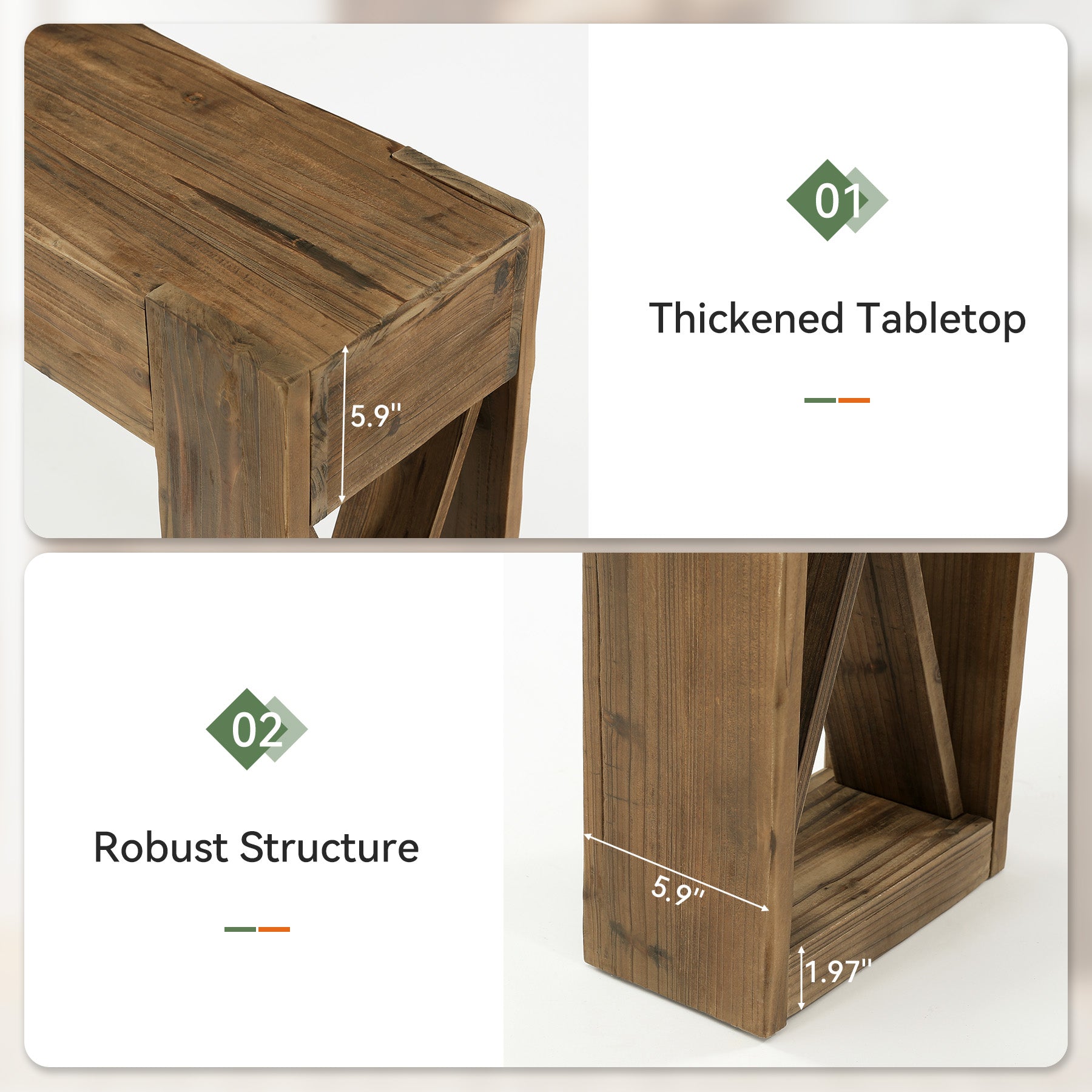 63" Solid Wood Farmhouse Console Table, Narrow Sofa Table with X-Frame Base