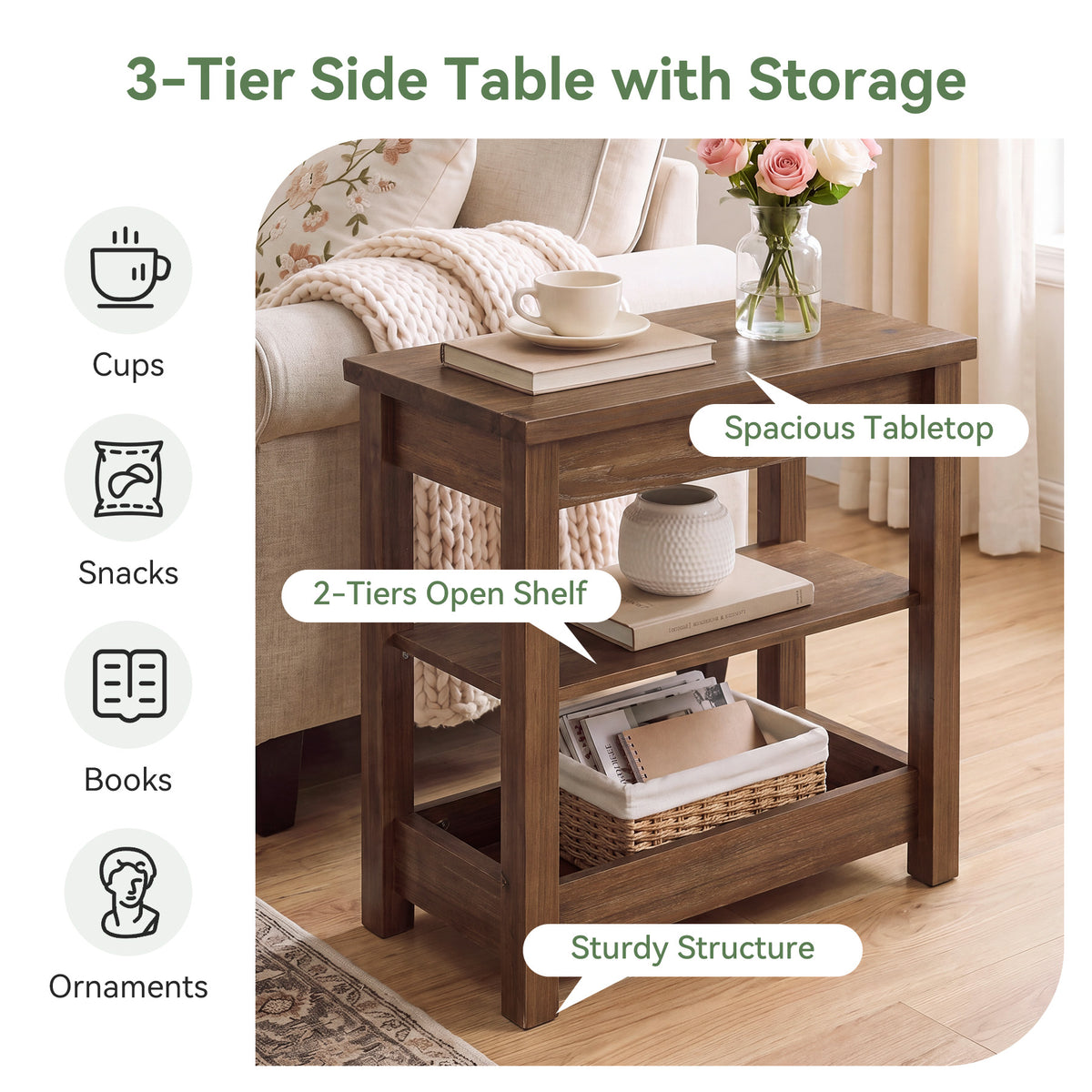 Tribesigns 23.62" Solid Wood End Table, 3-Tier Narrow Side Table for Living Room and Bedroom