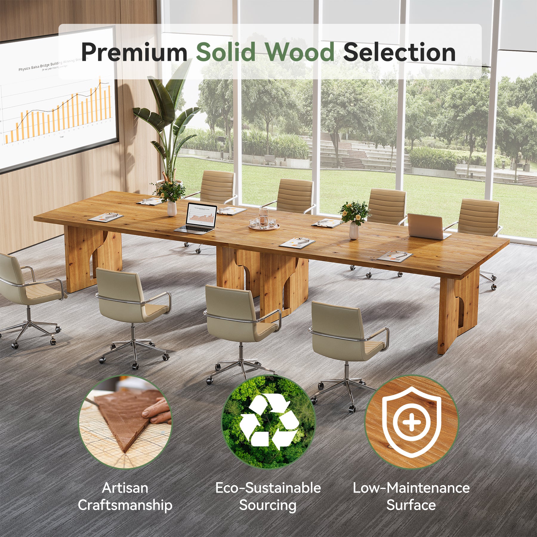 5.25FT Solid Wood Conference Table for 4-6 Users, 63" Executive Desk with Cutout Bases