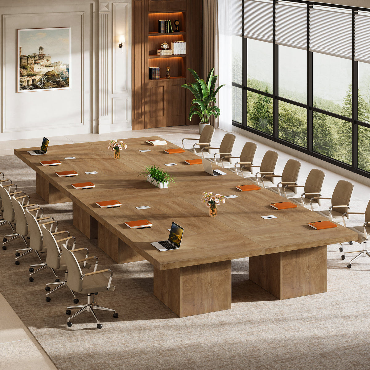 95" Conference Table with Pedestal Base, 8FT Wood Office Meeting Table, Cable Grommets