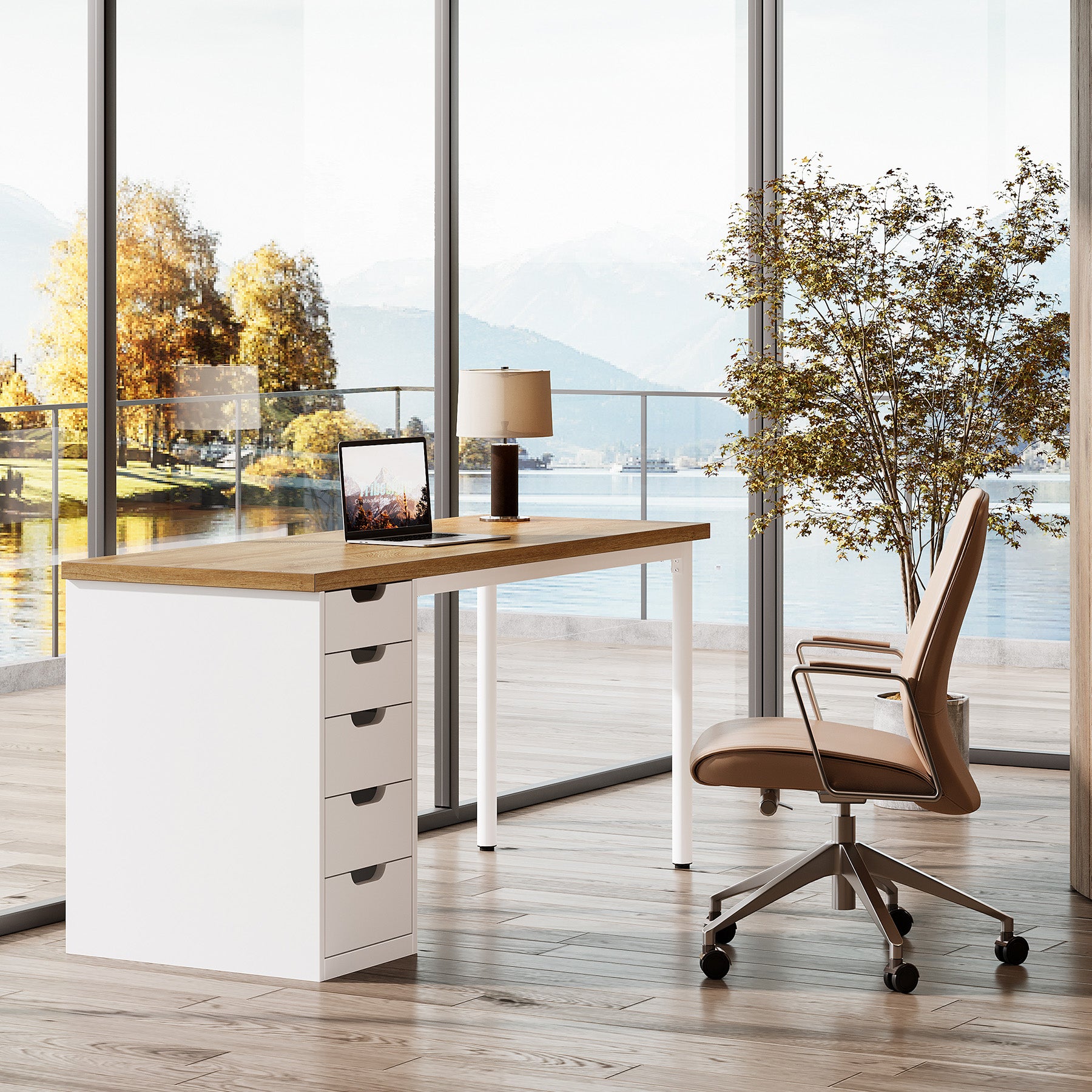 Tribesigns 47" Computer Desk with 5 Reversible Drawers, Rustic Home Office Workstation