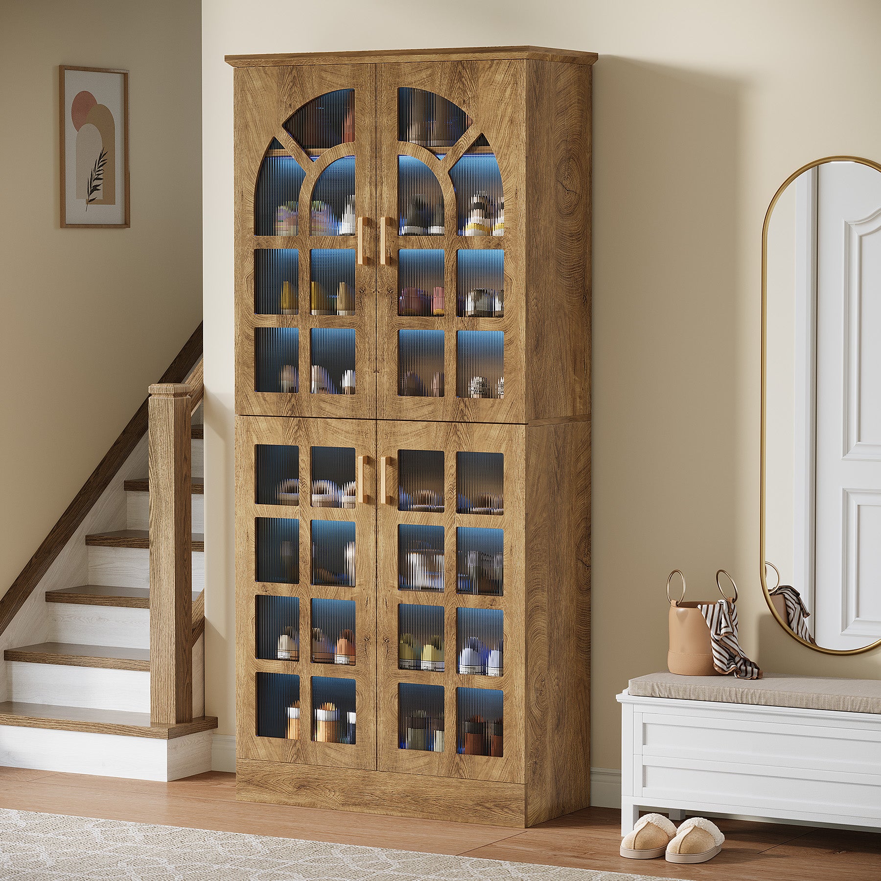 69" Shoe Cabinet, 8-Tier Shoe Rack Organizer with Doors and Led Lights