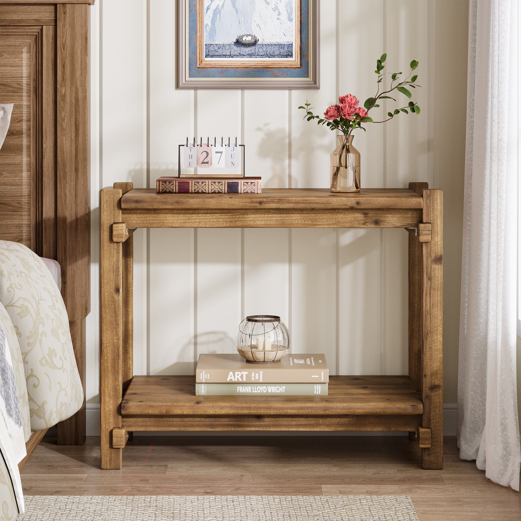 Solid Wood End Table, 2 - Tier Narrow Side Table with Storage Shelf Tribesigns