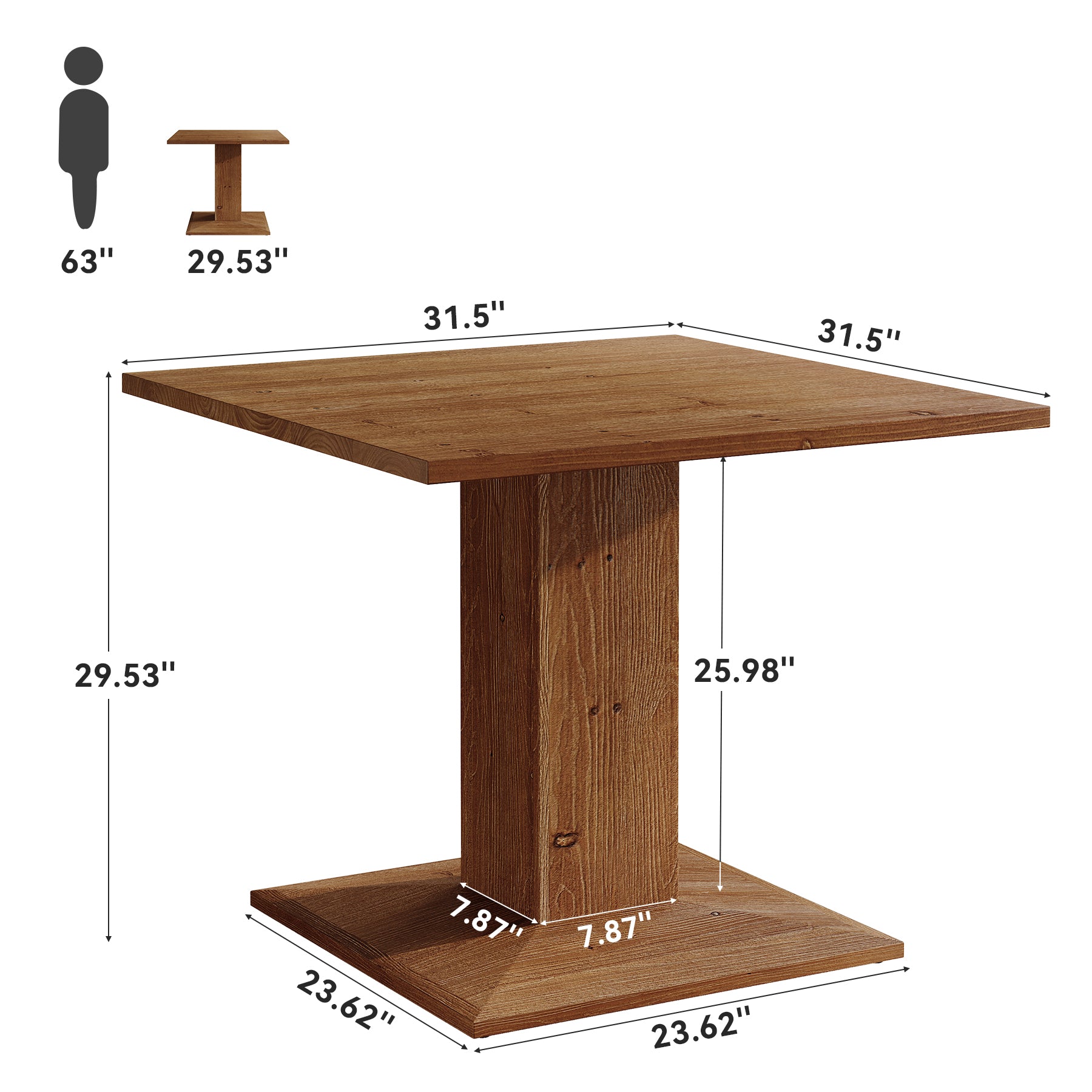 Solid Wood Square Dining Table for 4, 31.5" Kitchen Table with Pedestal Base