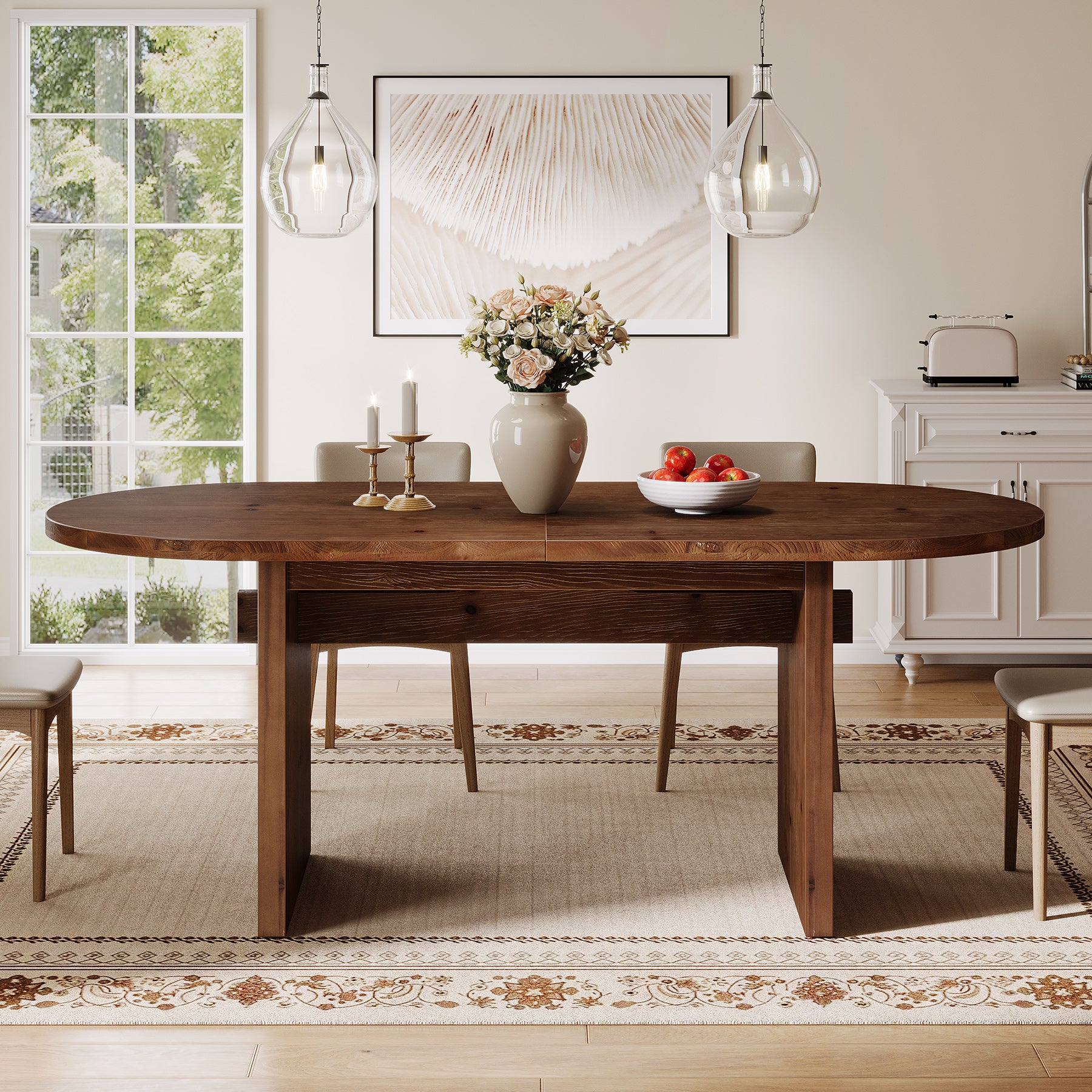Solid Wood Dining Table, 63" Oval Kitchen Dinner Table for 4-6