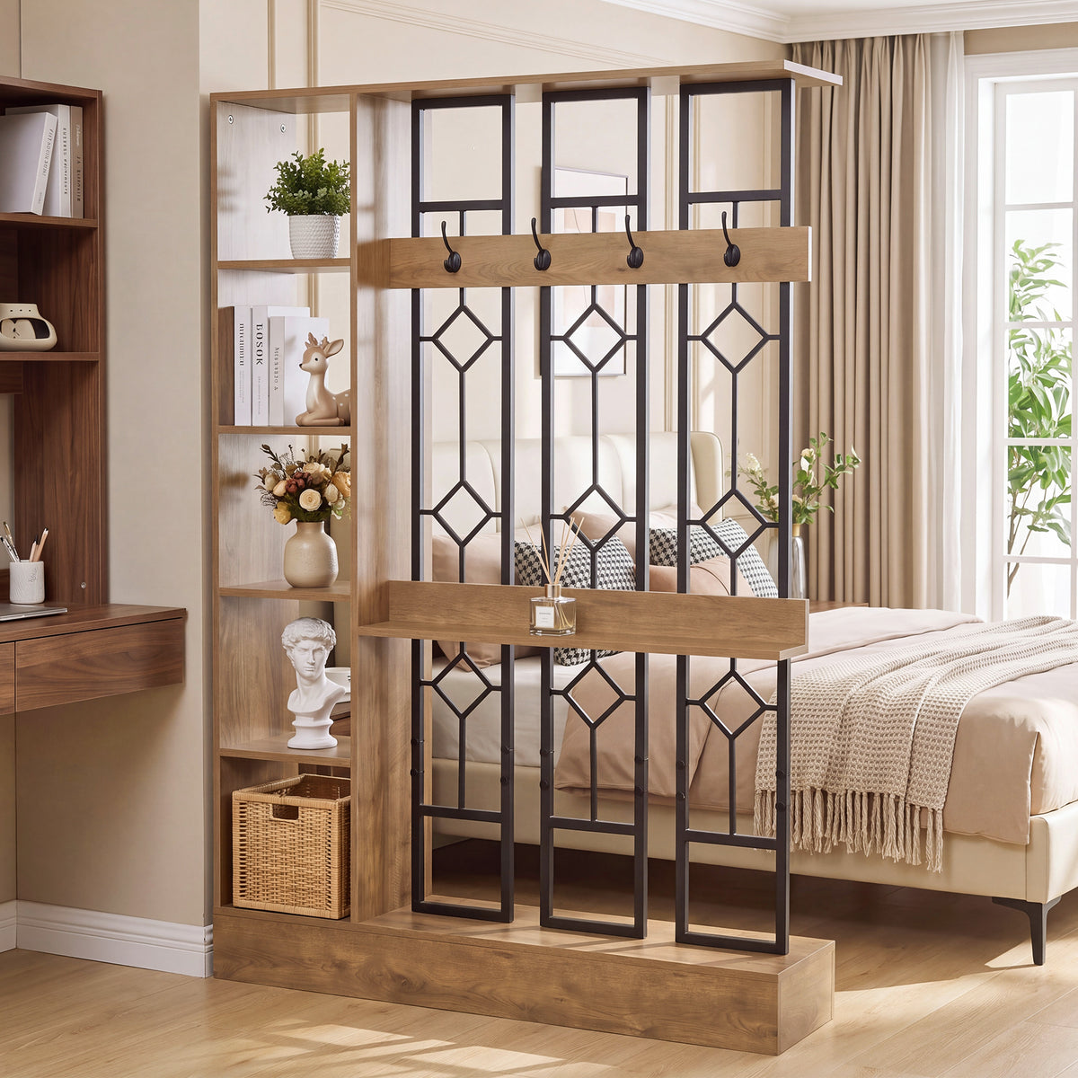 71" Wall Room Divider with Storage Shelves & Coat Hooks, Freestanding Wall Partition for Entryway