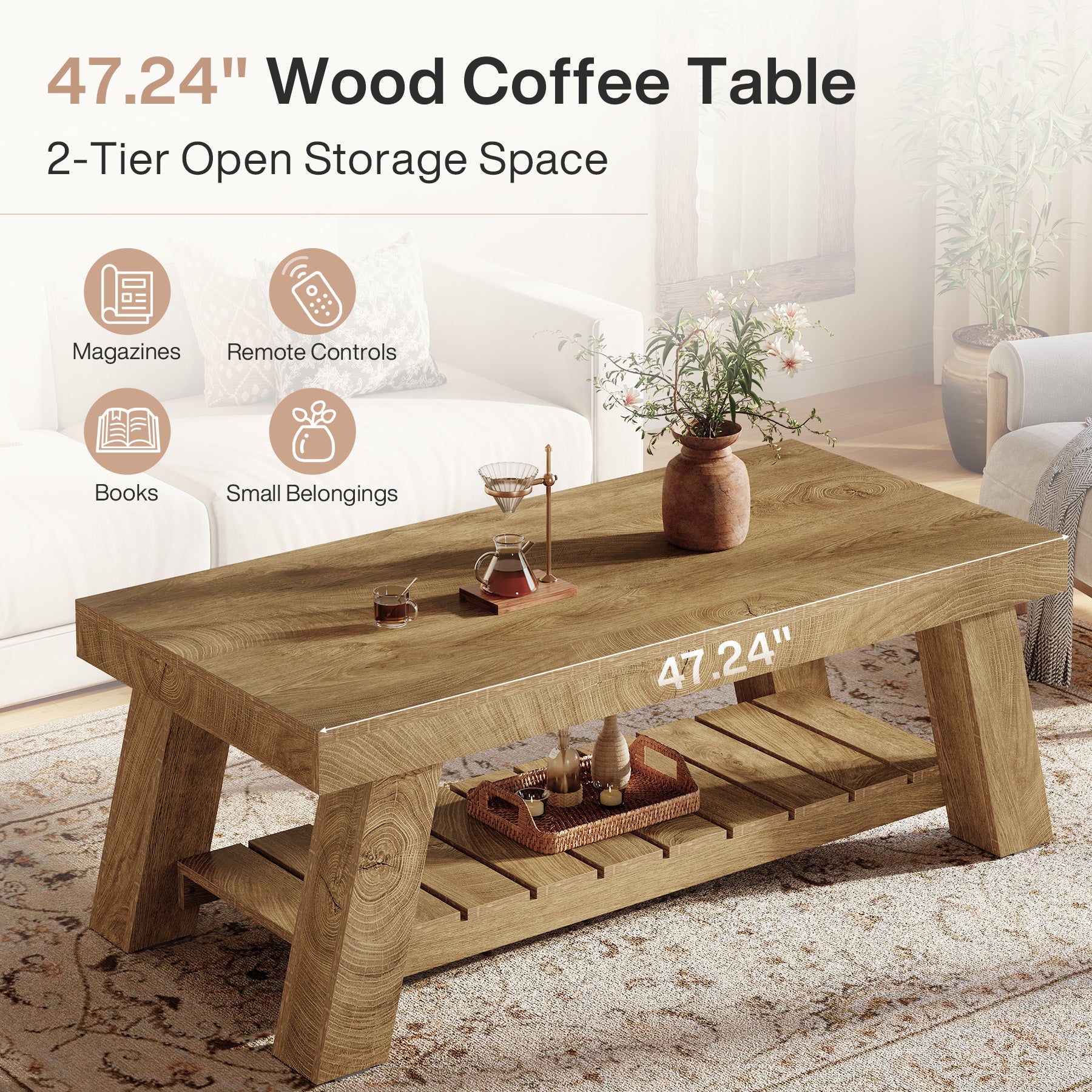 Rectangular Coffee Table, 47.24" Farmhouse Center Table with 2-Tier Storage