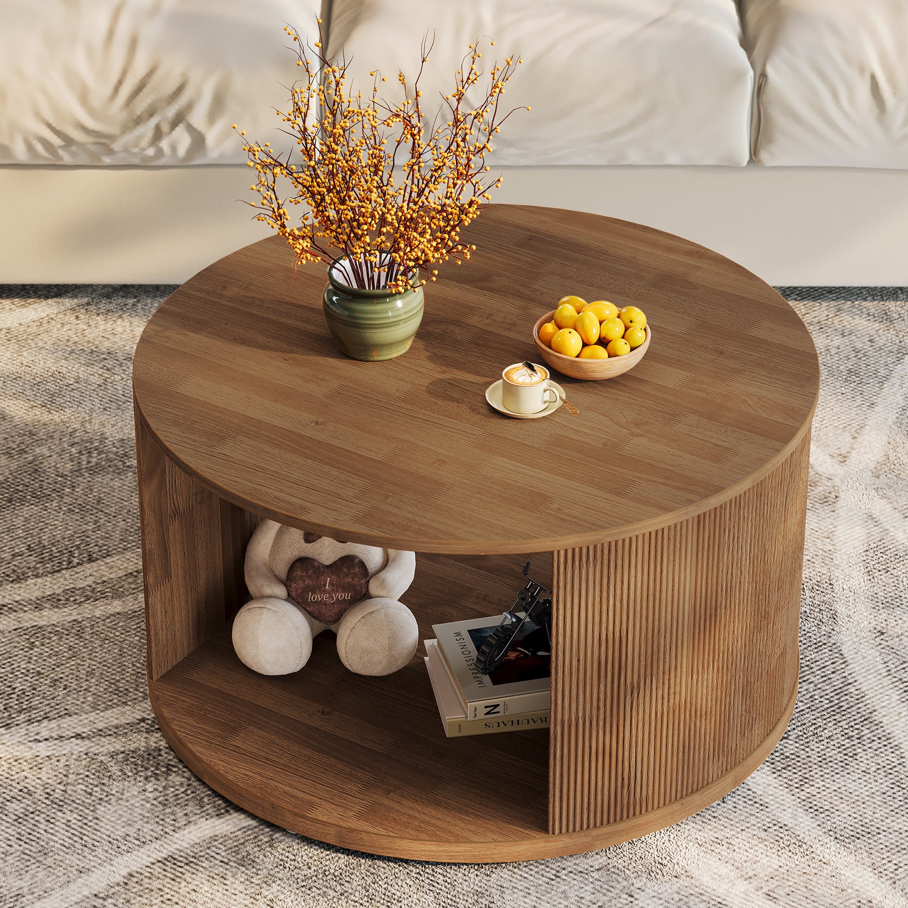 Round Coffee Table, 31.5" Center Table with Fluted Drum Base and Alcove Storage
