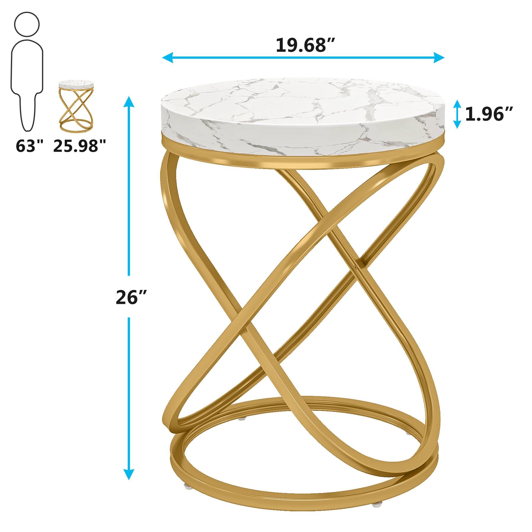 Round End Table, 26" Tall Sofa Side Table with Faux Marble Top