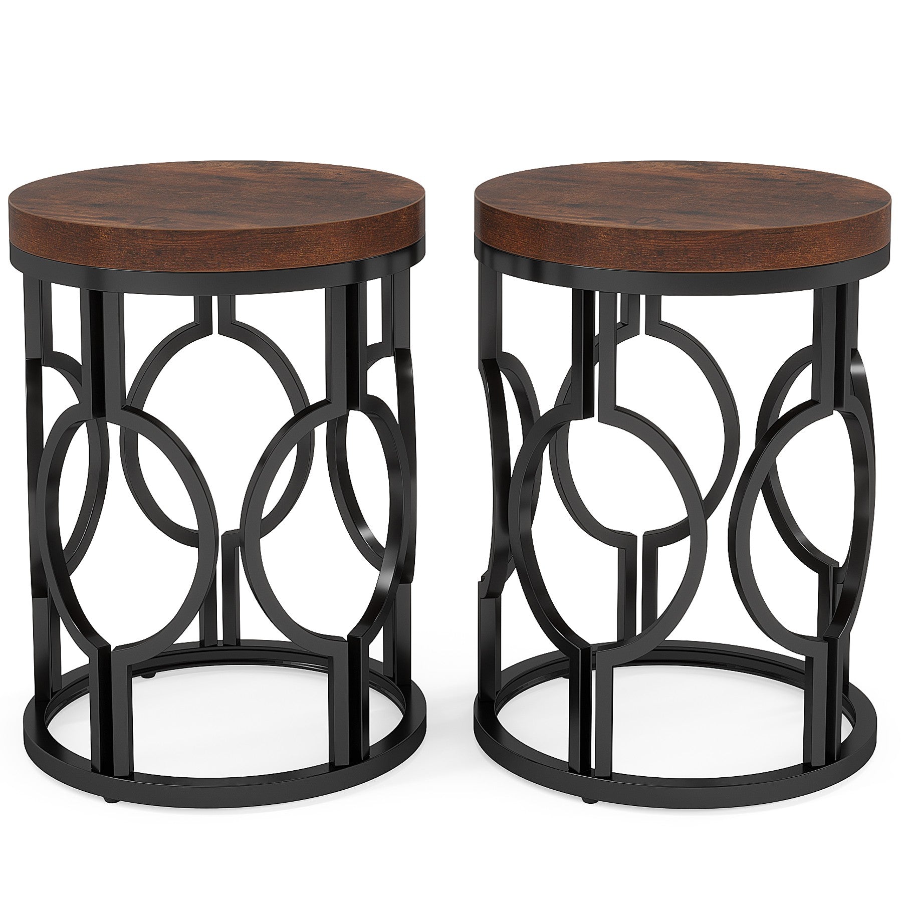 Round End Table, Industrial Side Table with Metal Hollow Frame Tribesigns