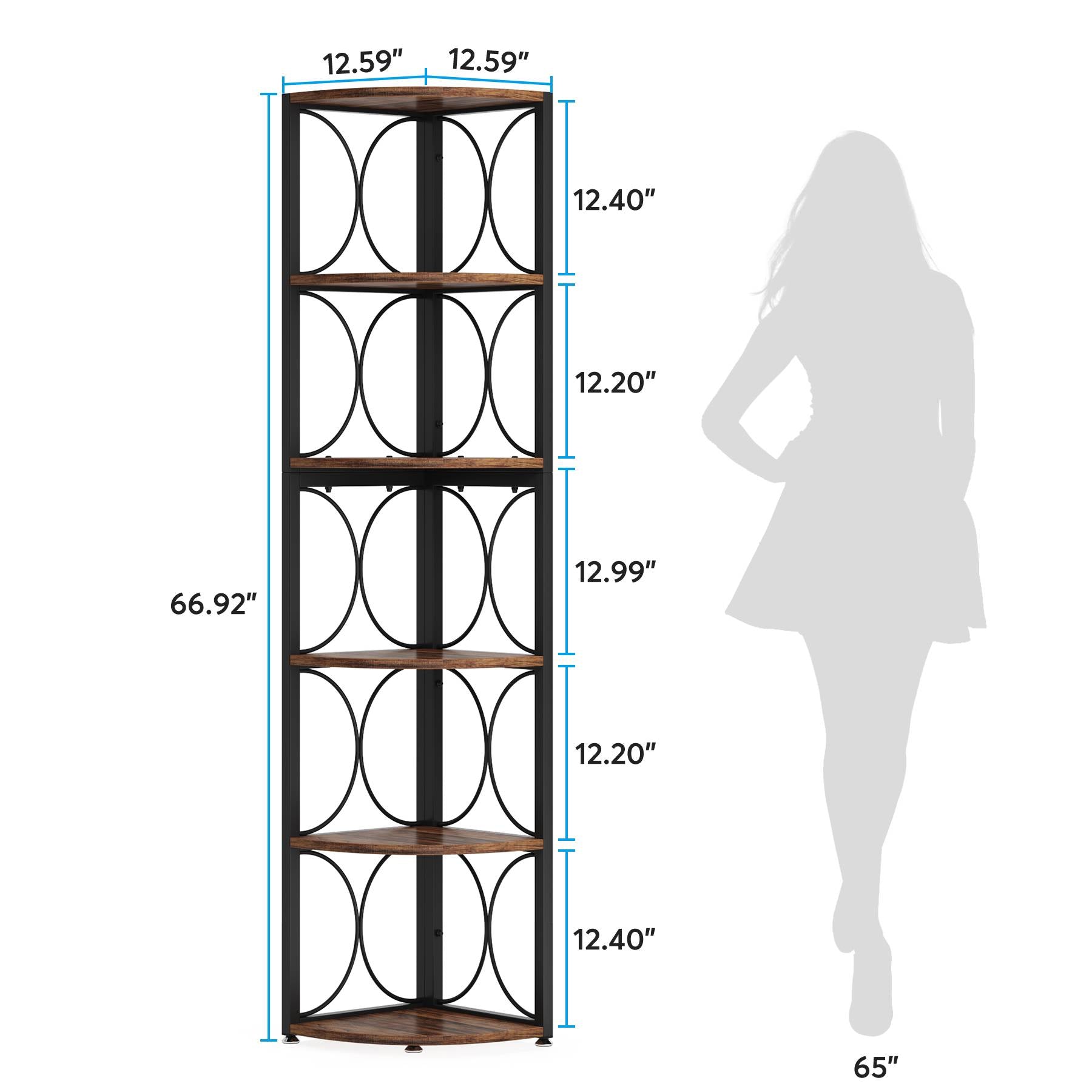 6-Tier Corner Shelf, 67" Corner Bookshelf Shelving Unit