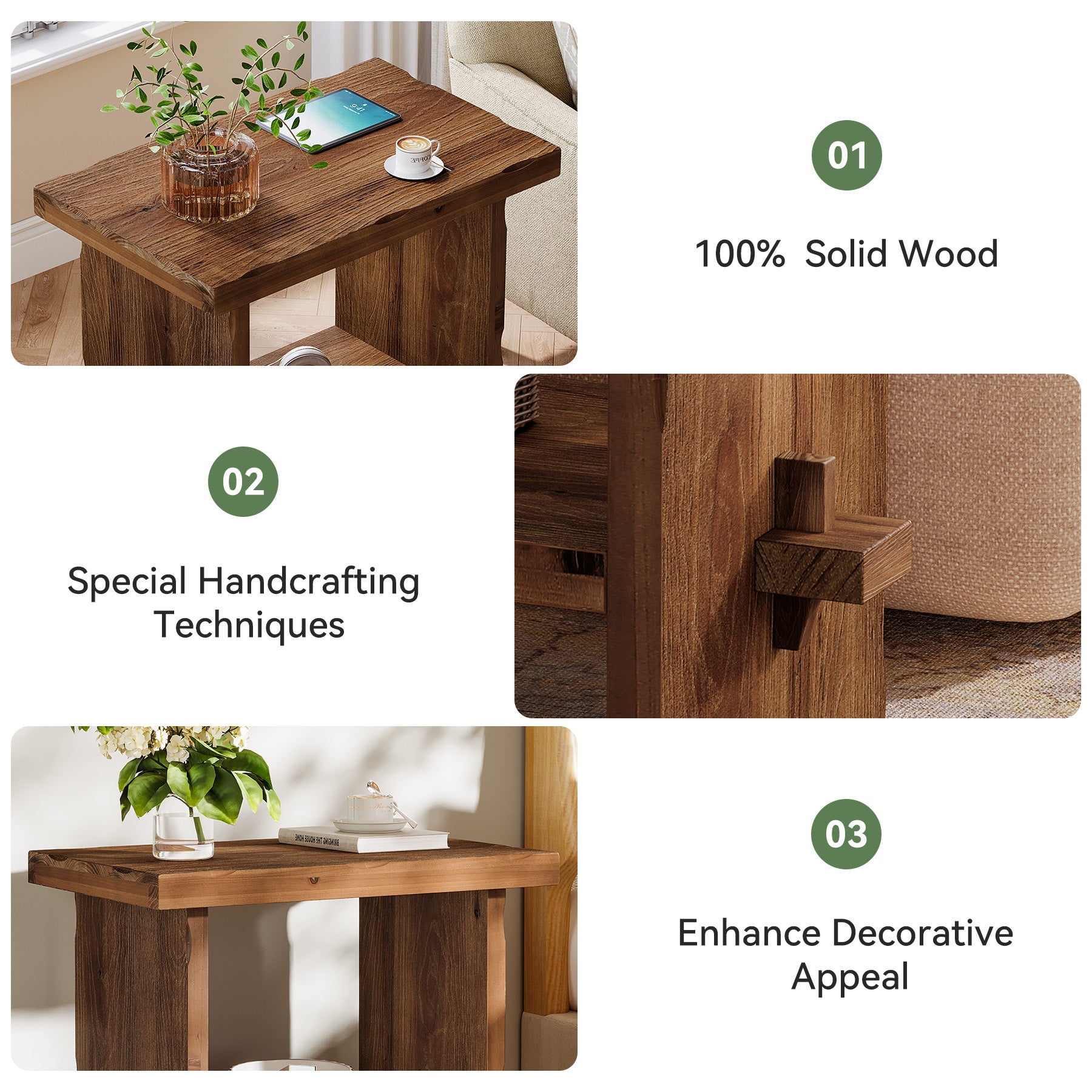 23.62-Inch Solid Wood Nightstand with Storage, Farmhouse Bedside Table with Wooden Base for Bedroom