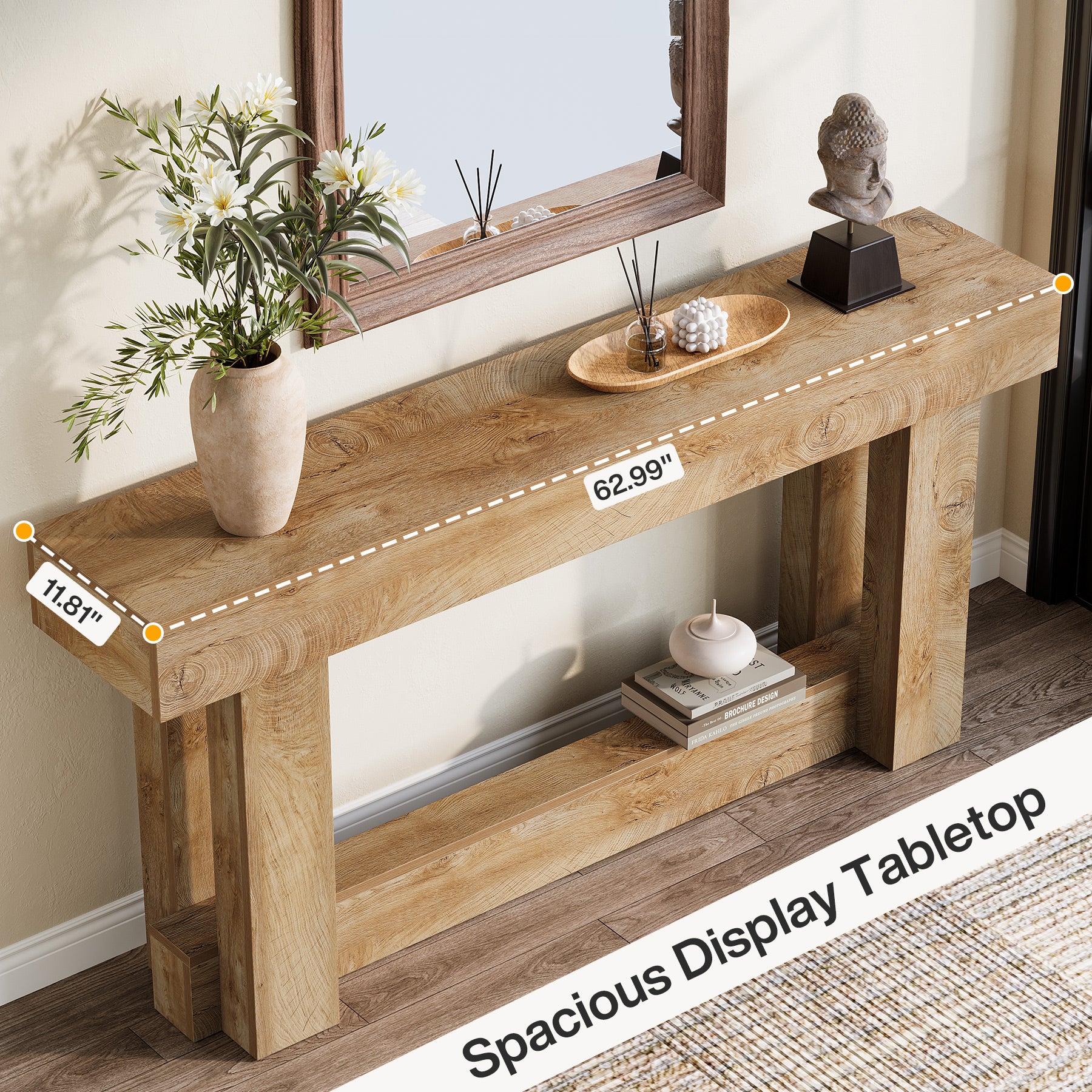 63" Wood Console Table, 2-Tier Farmhouse Entryway Table