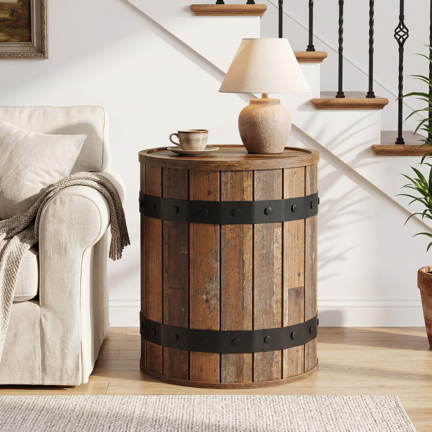 19.68" Barrel Side Table with Hidden Storage, Round Wood End Table with Lid for Living Room and Bedroom
