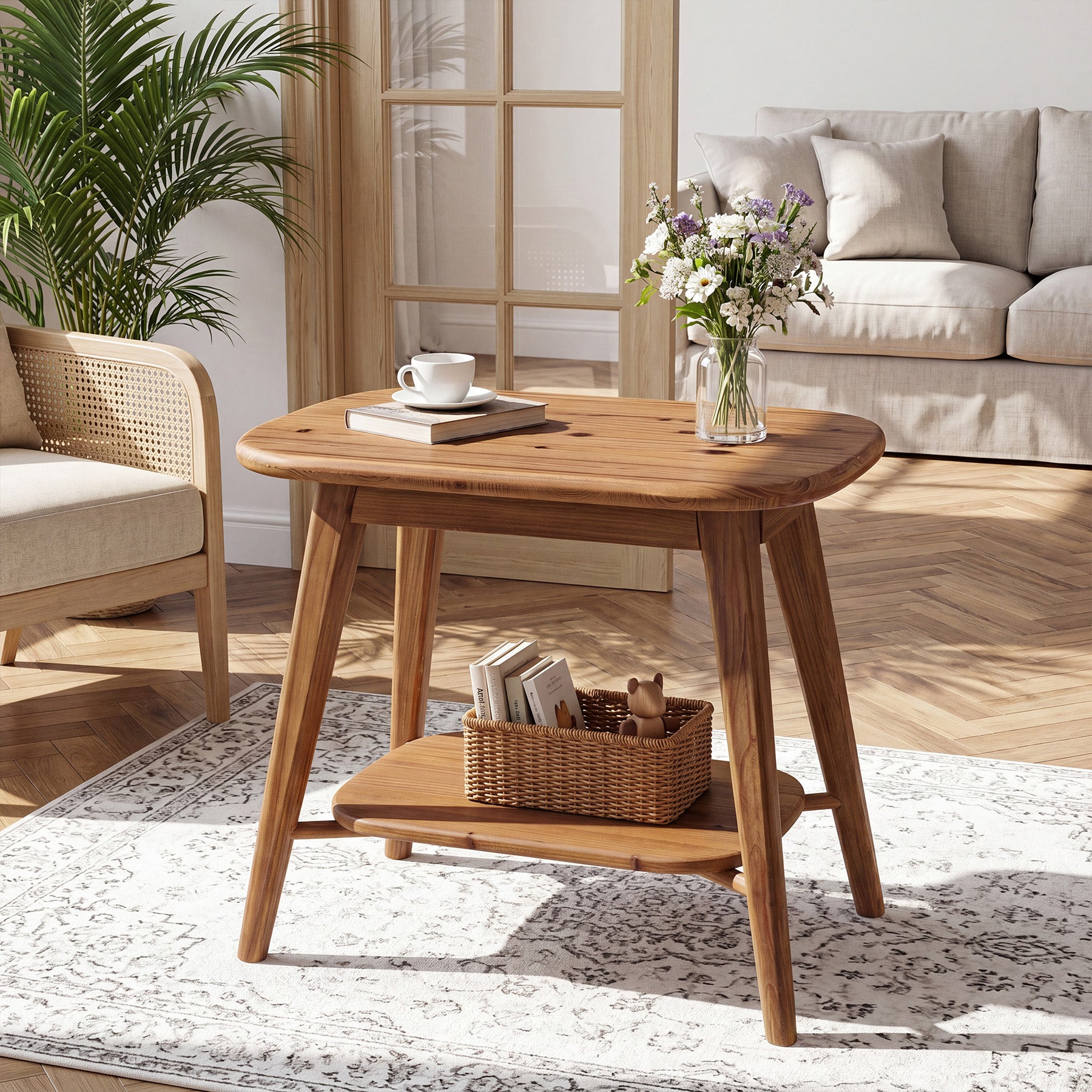 2-Tier Solid Wood End Table, Farmhouse Side Table with Rounded Corners for Small Spaces