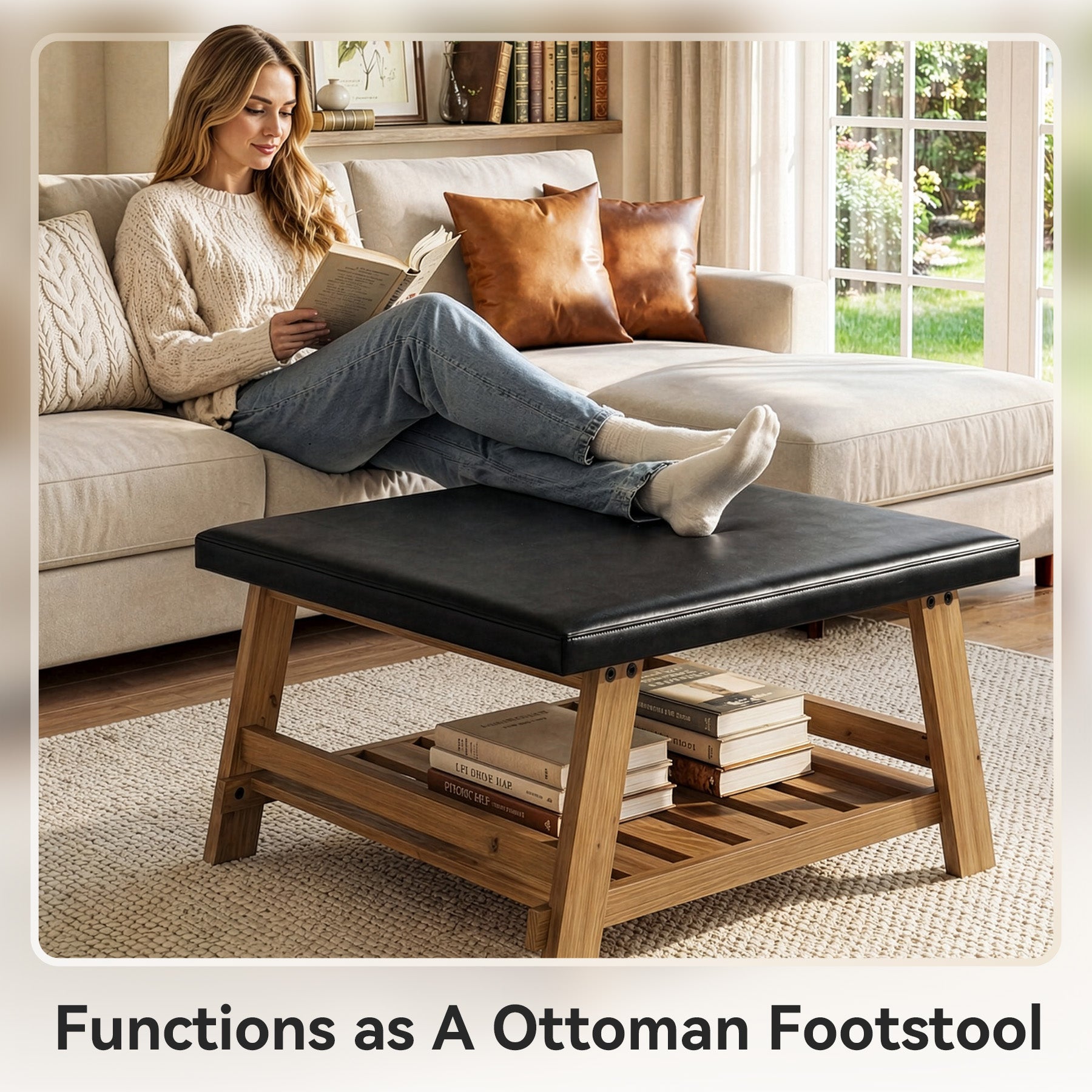 31.5" Square Ottoman Coffee Table with Storage Shelf