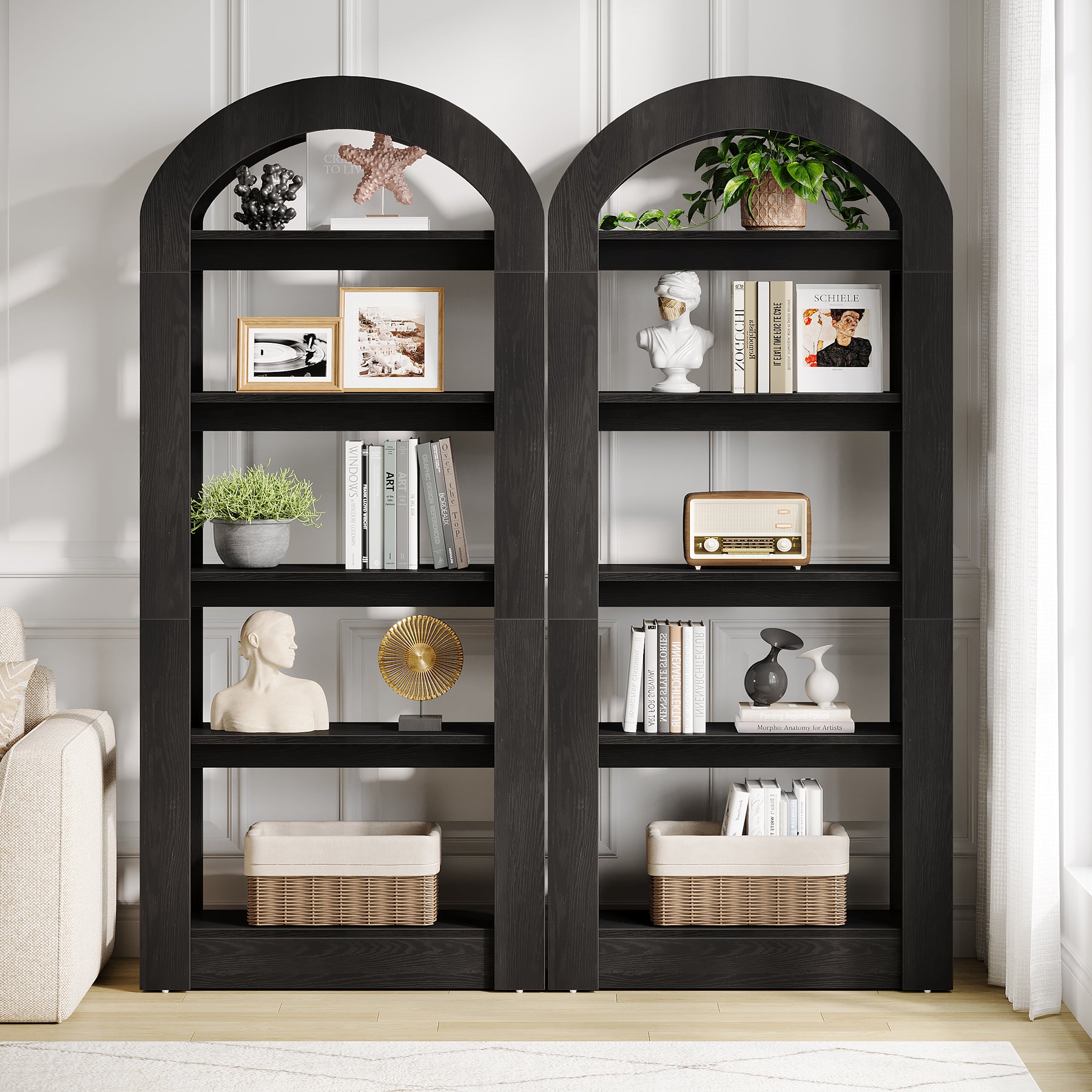 5-Tier Wooden Bookshelf with Arched Top, Tall Display Bookcase Shelf