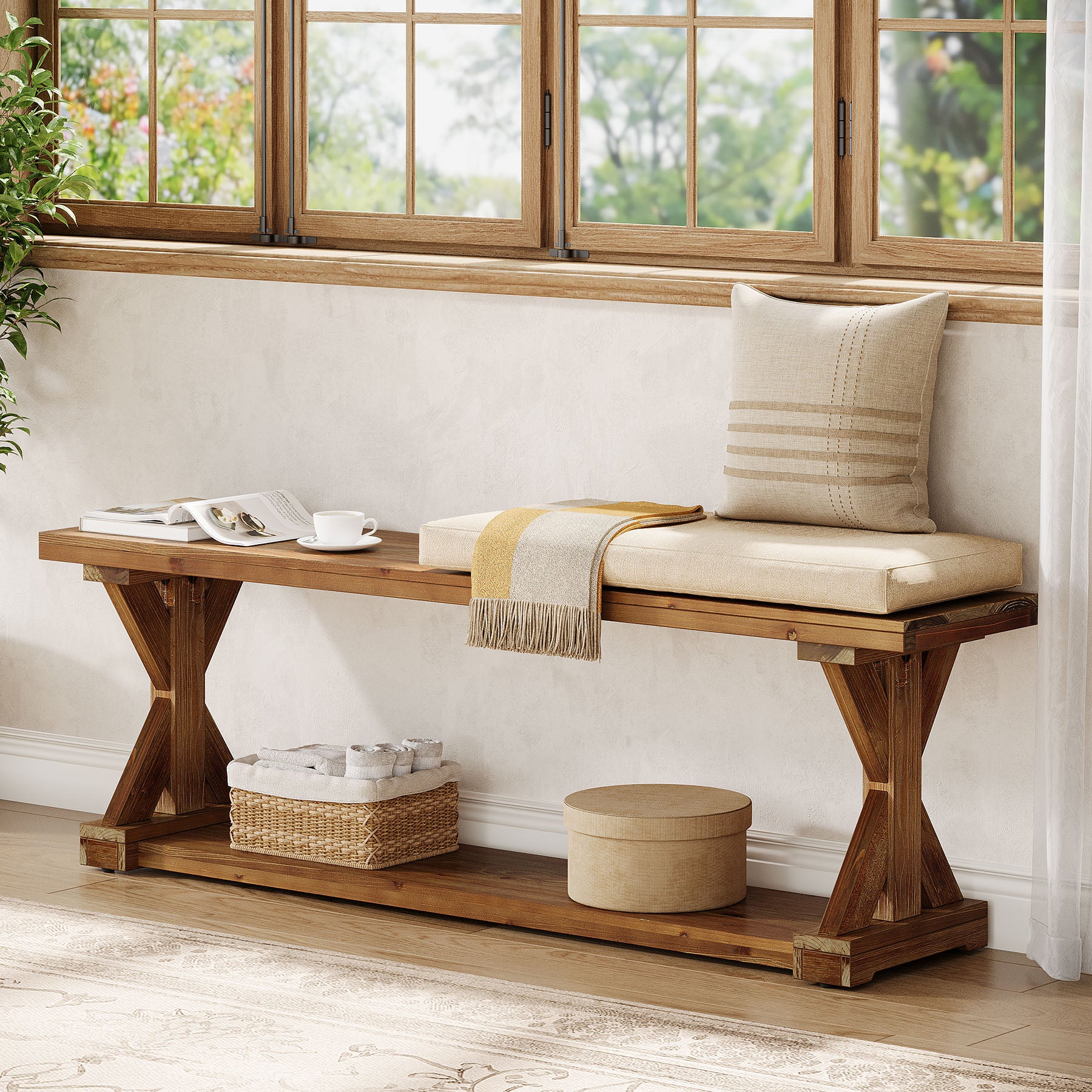 59" Solid Wood Dining Bench, 2-Tier Wooden Storage Bench for Dining Room