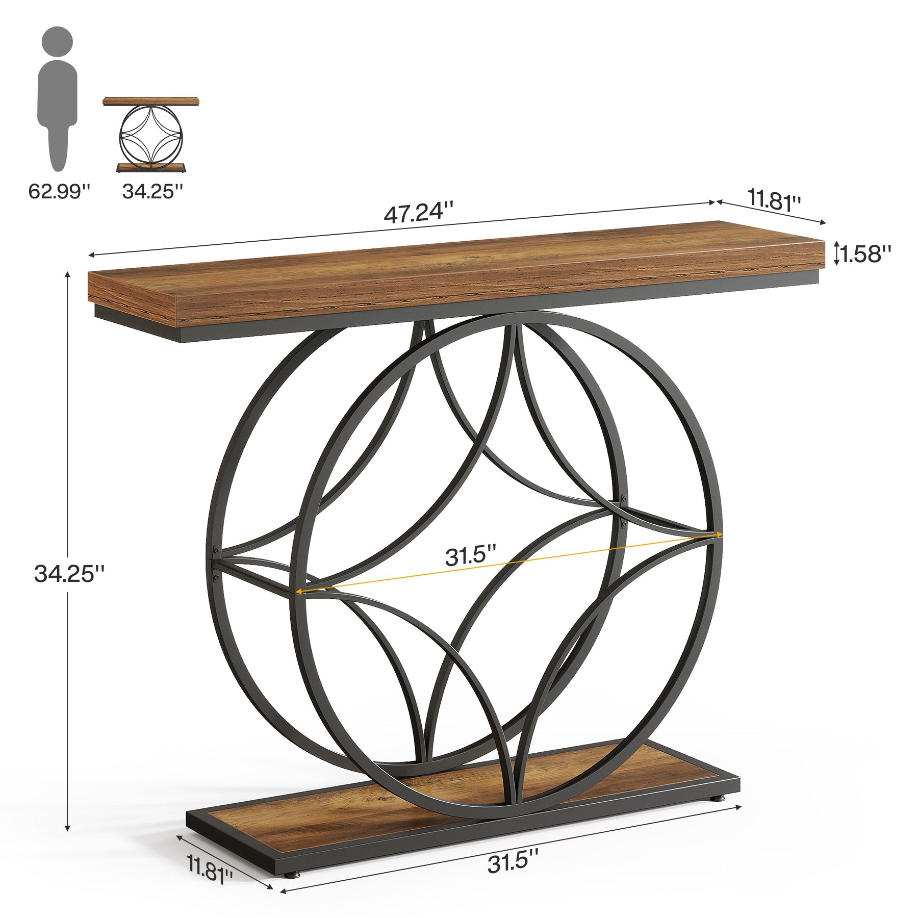 47" Console Table, Industrial 2-Tier Sofa Table with Geometric Metal Frame