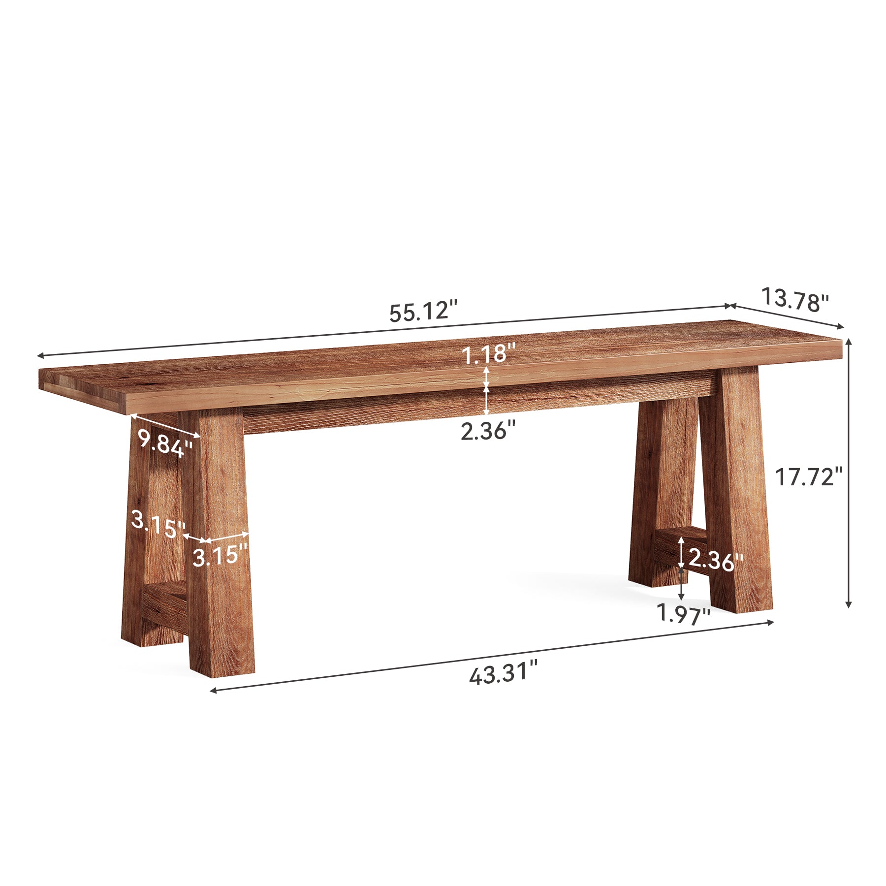 Solid Wood Dining Bench, 55" Entryway Bench with A-Shaped Legs