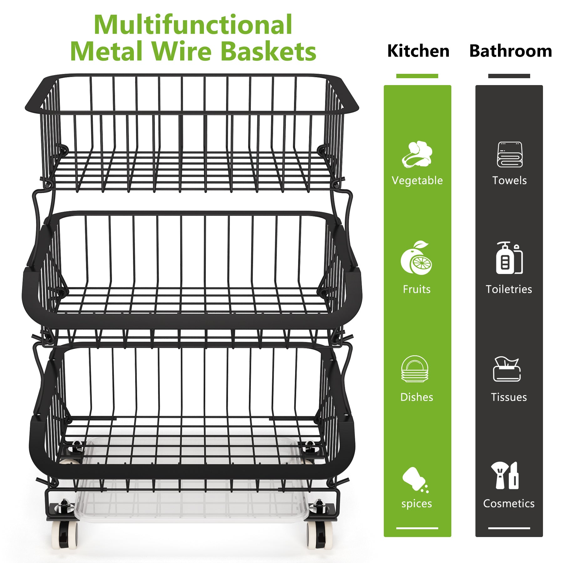 Fruit Basket, 3 Tier Stackable Metal Wire Basket Cart with Rolling Wheels