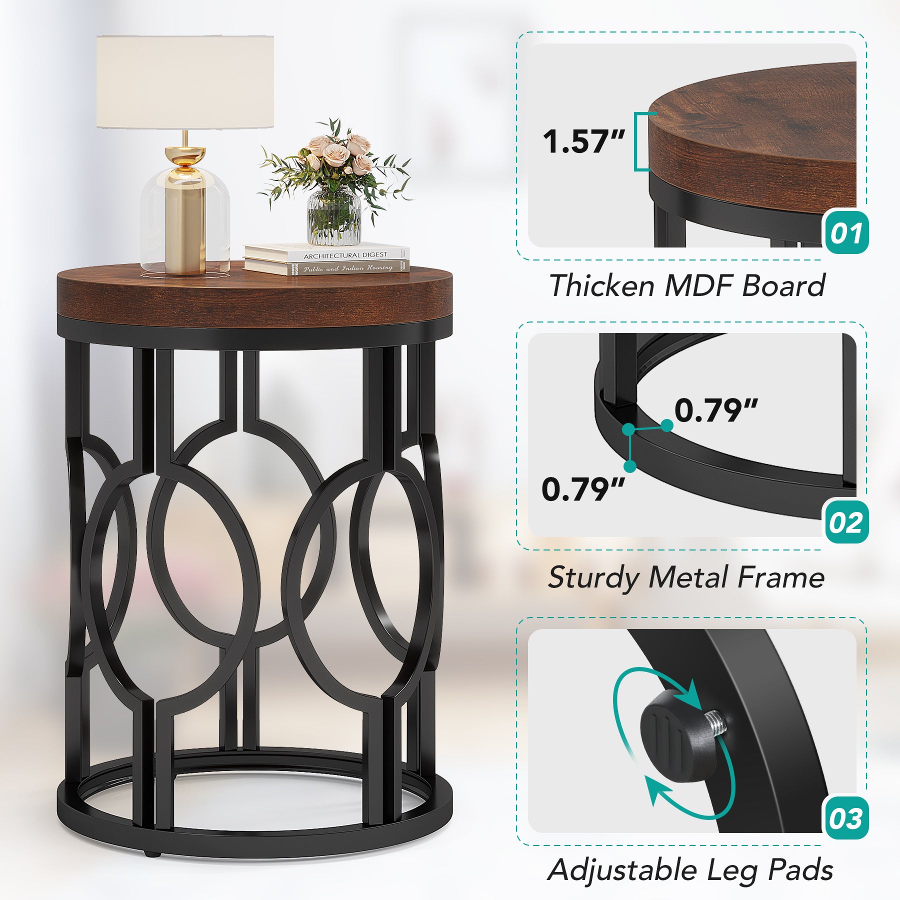 Round End Table, Industrial Side Table with Metal Hollow Frame Tribesigns