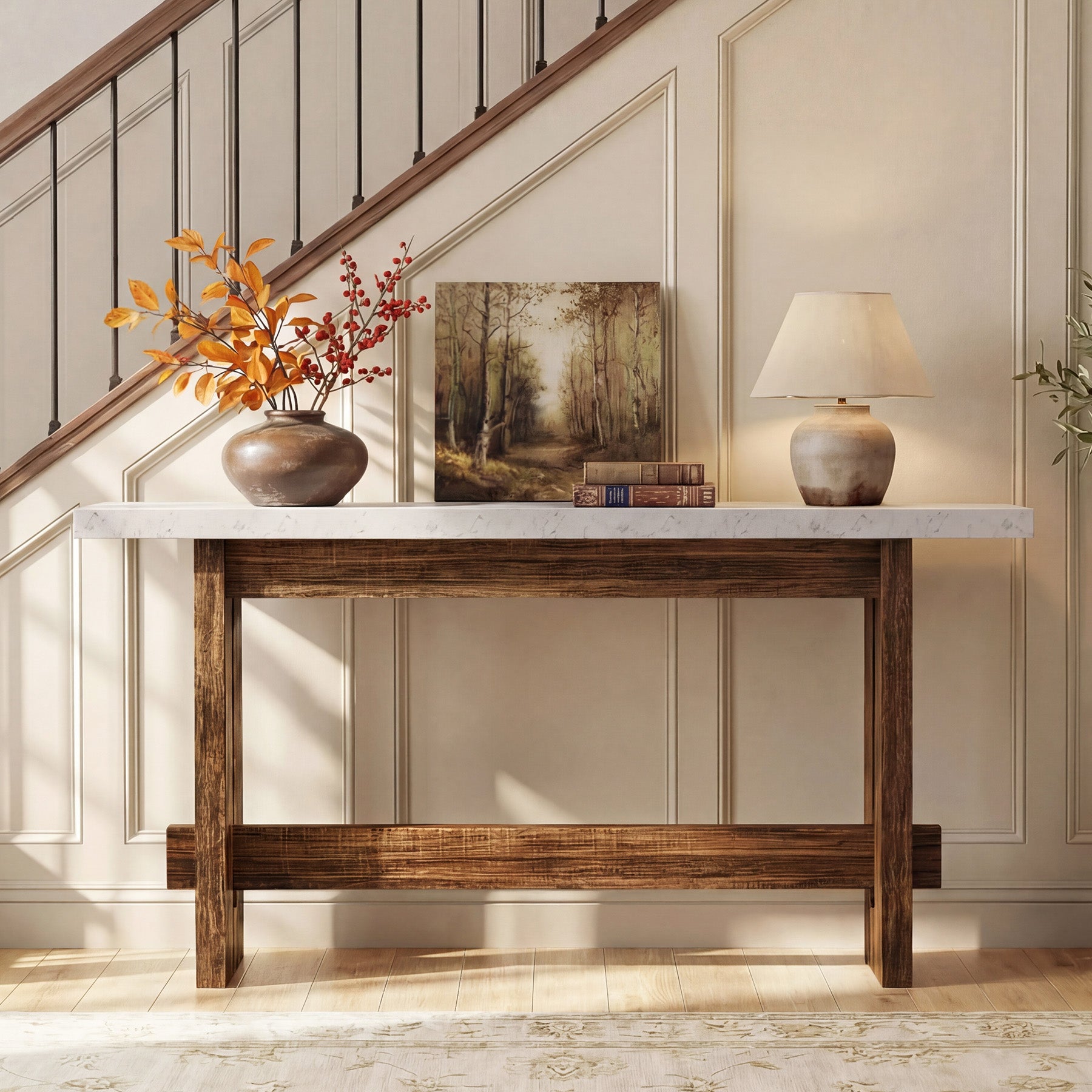 63" Farmhouse Console Table with Faux Marble Top, Narrow Sofa & Entryway Table for Behind Couch