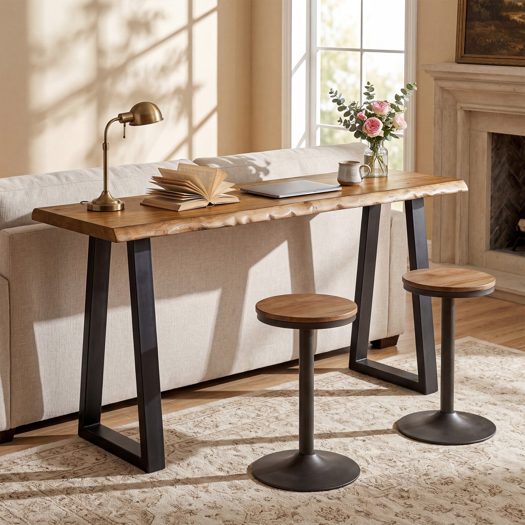 Solid Wood Bar Table, 63” Counter Height Table with Metal Legs for Kitchen