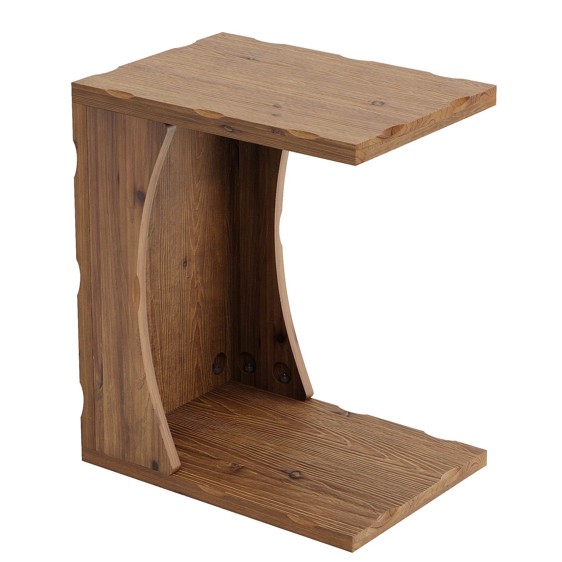 C-Shaped End Table, Solid Wood Narrow Side Table with Storage Shelf
