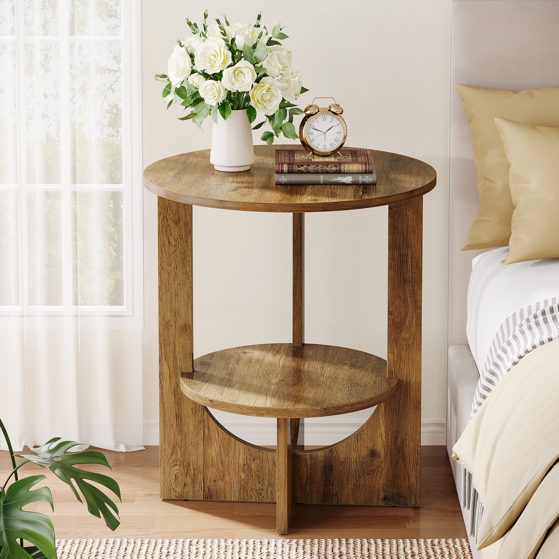Round End Table, 2-Tier Side Table Nightstand with Storage
