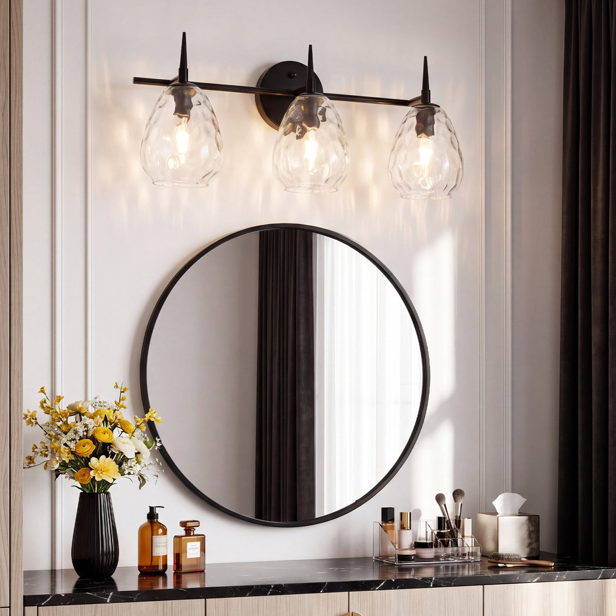 3-Light 22" Bathroom Vanity Light, Matte Black Wall Sconce with Hammered Glass
