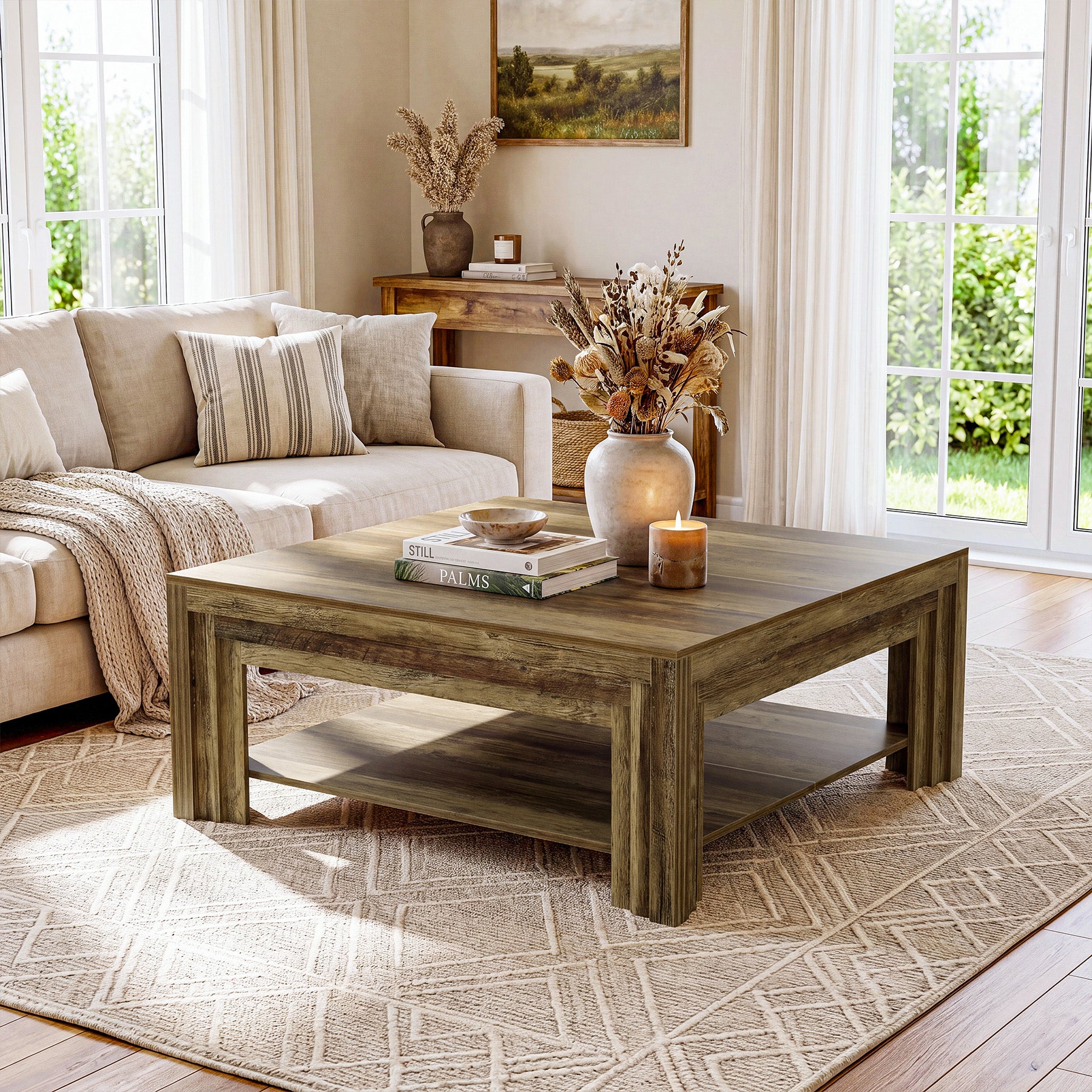 Farmhouse Square Coffee Table with Shelf